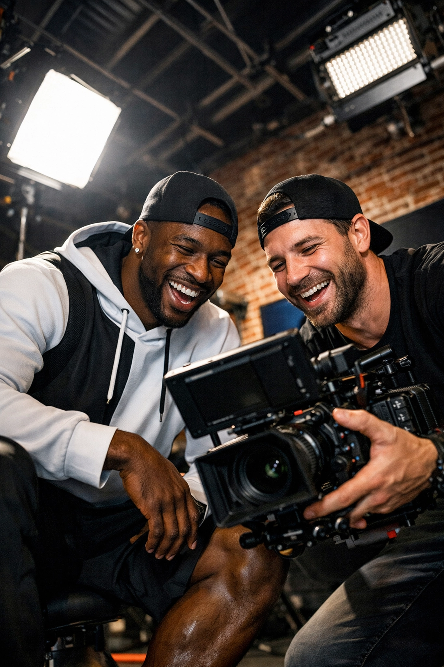 Professional athlete and content creator filming high-performance brand videos in a media studio.