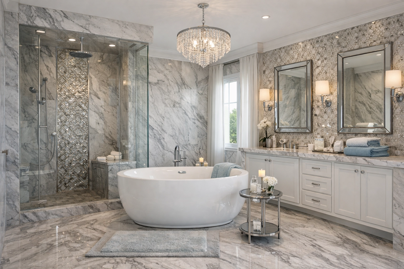 Luxury bathroom with natural stone tile, highlighting expert residential cleaning services in Westwood.