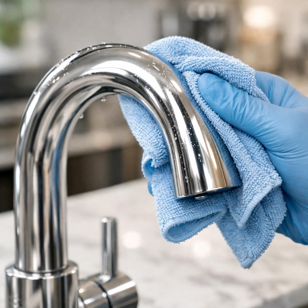 Professional cleaner deep cleaning a kitchen faucet to provide a high-standard apartment turnover service.