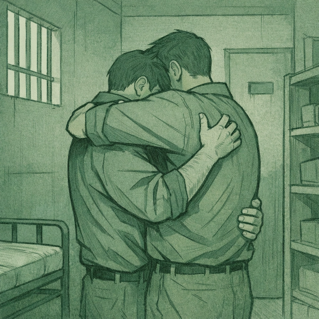 Gay men embrace secretly in prison corridor - forbidden MM romance and survival