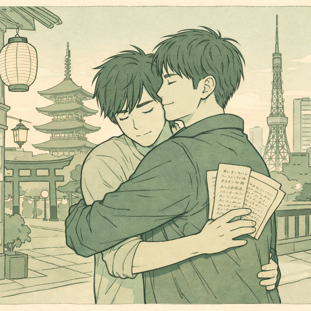 Gay Japanese couple embracing in Tokyo while holding ancestral samurai documents connecting queer history