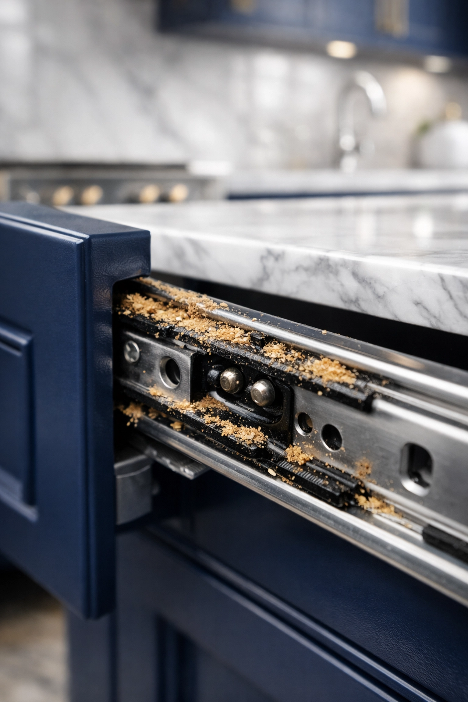 Fine sawdust trapped in a metal kitchen drawer slide after home renovation construction.
