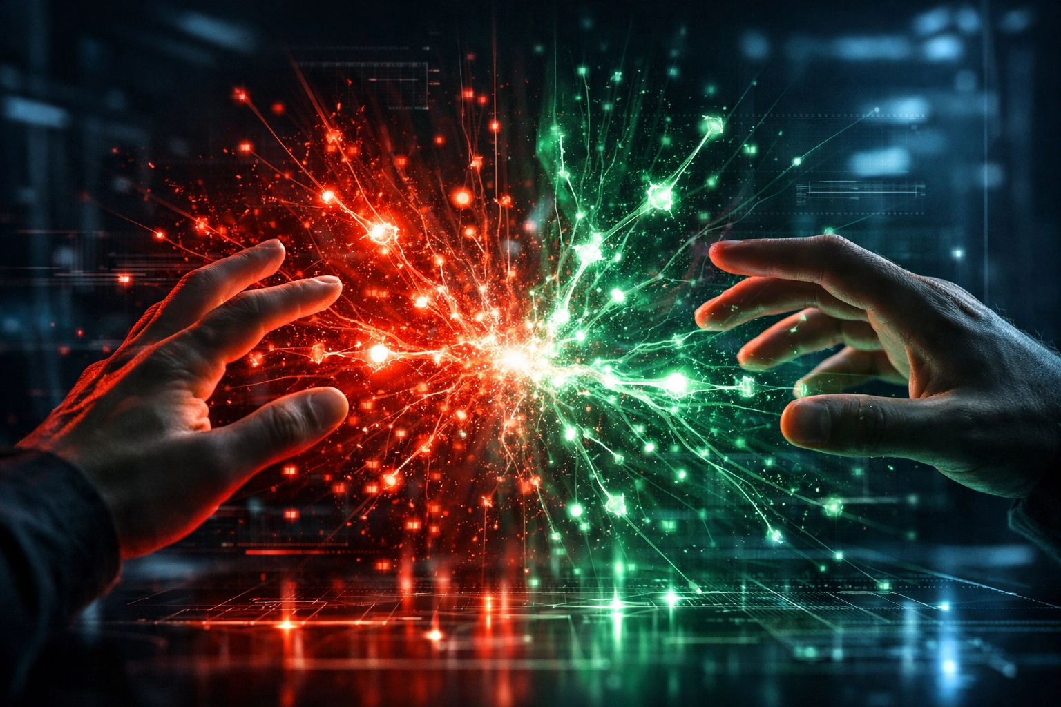 User interacting with a dopamine-inspired digital interface using high-contrast holographic color palettes.