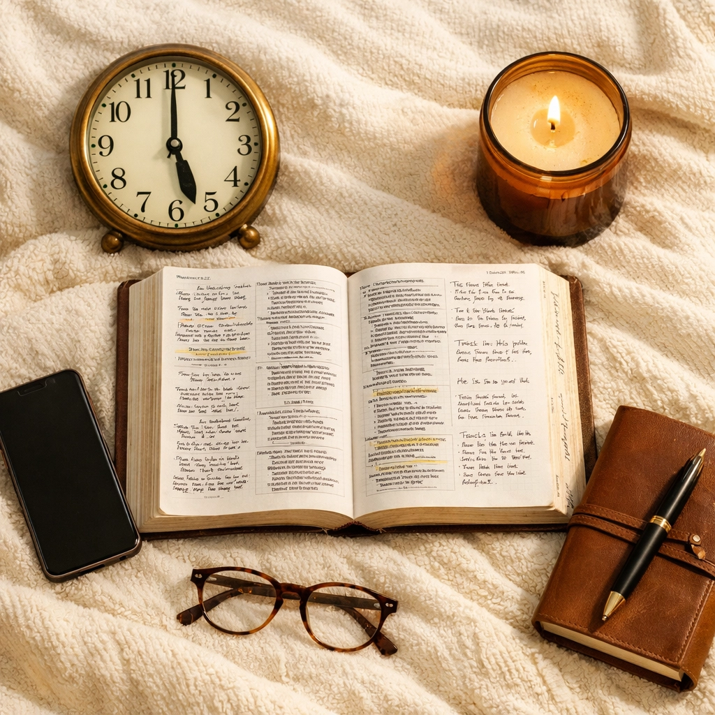 5 PM Reset setup with open Bible, clock, journal and phone aside for daily scripture routine