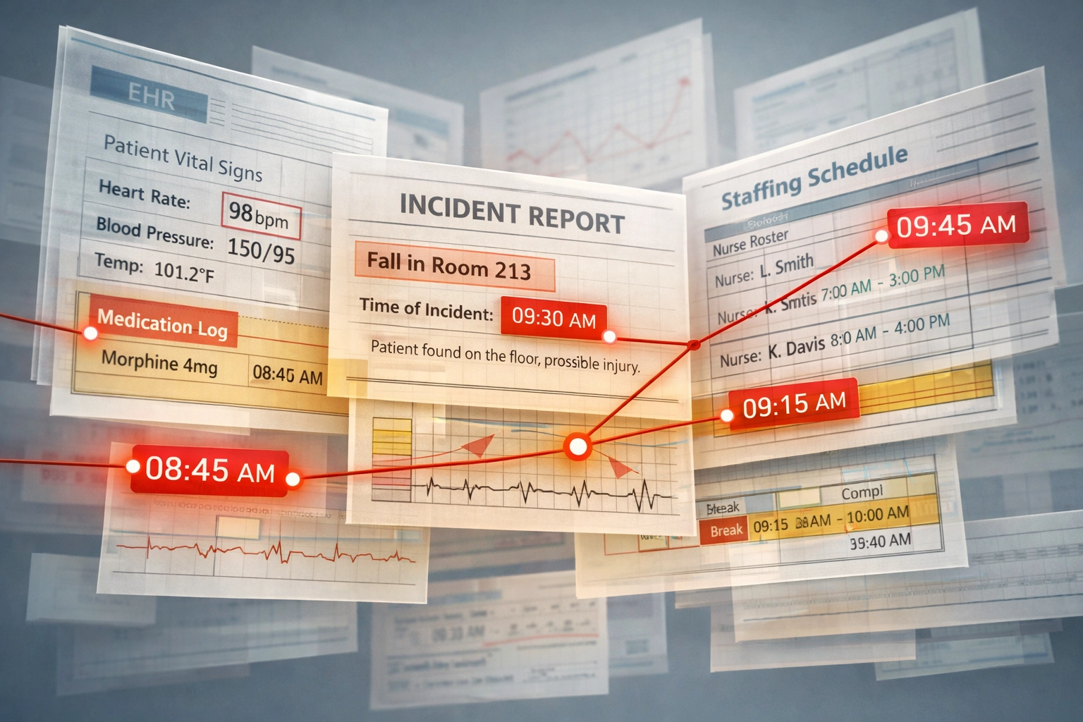 Overlapping medical charts and staffing records revealing patterns of systemic negligence