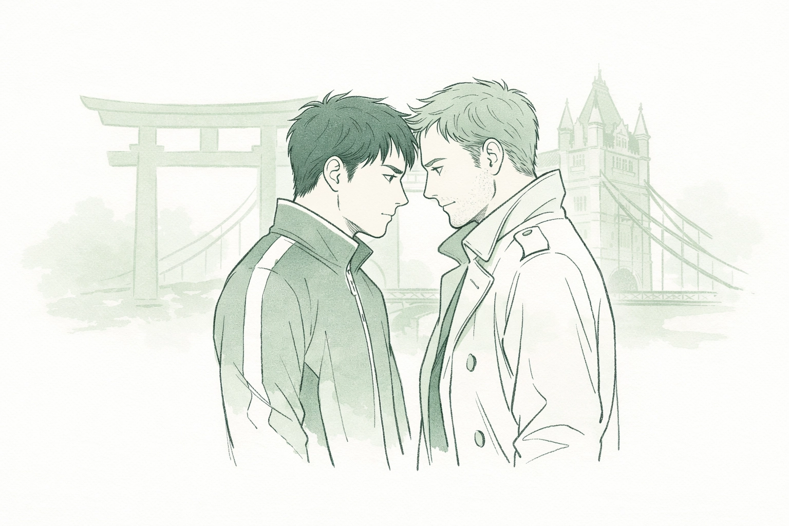 Japanese athlete and Londoner near Tower Bridge, highlighting cultural heritage in a gay romance novel.
