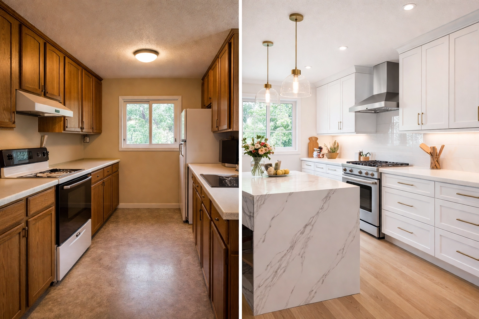 Before-and-after kitchen renovation photo highlights how visual transformations improve Google Business Profile appeal.