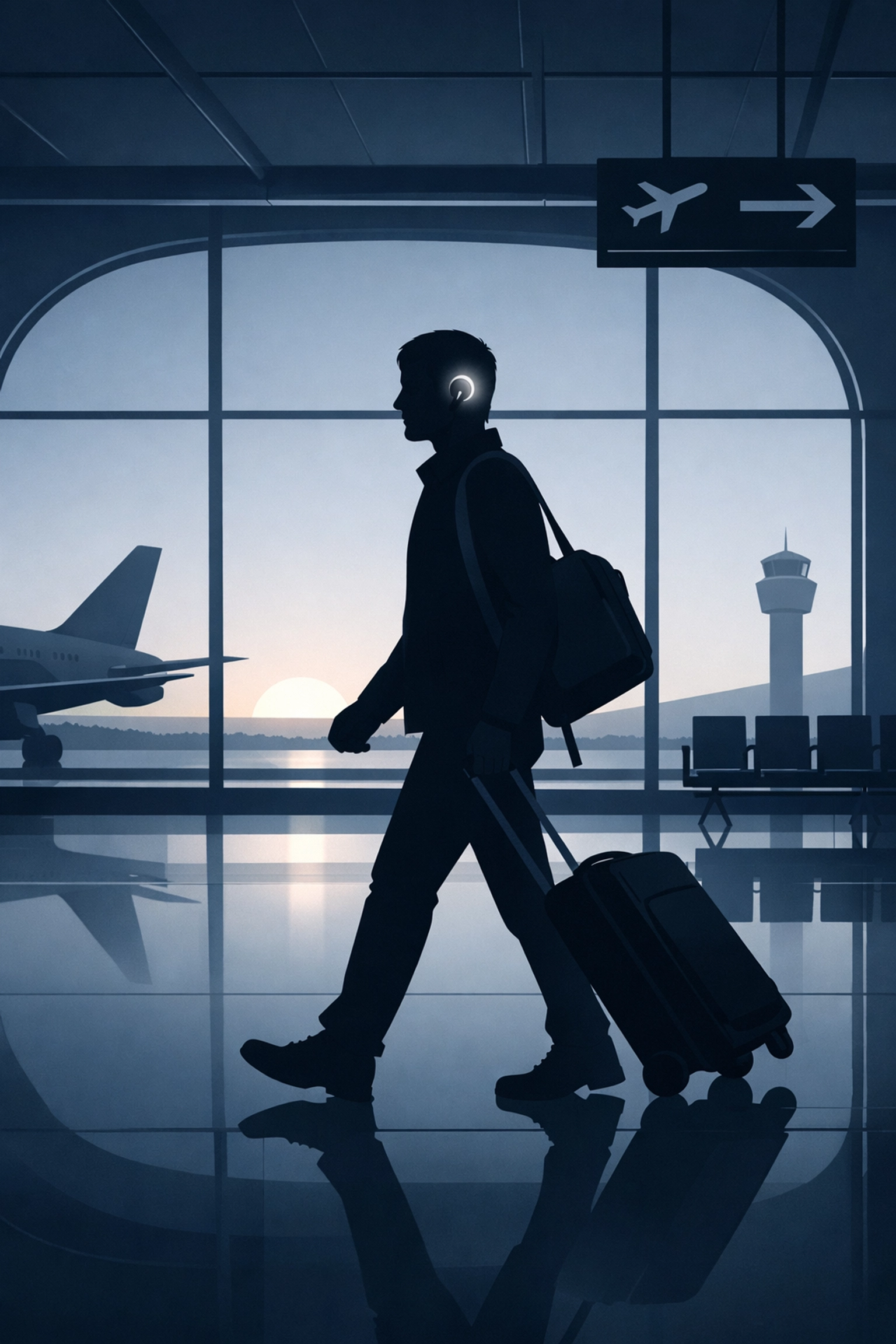 Confident traveler with a hearing aid walking through a spacious airport terminal.
