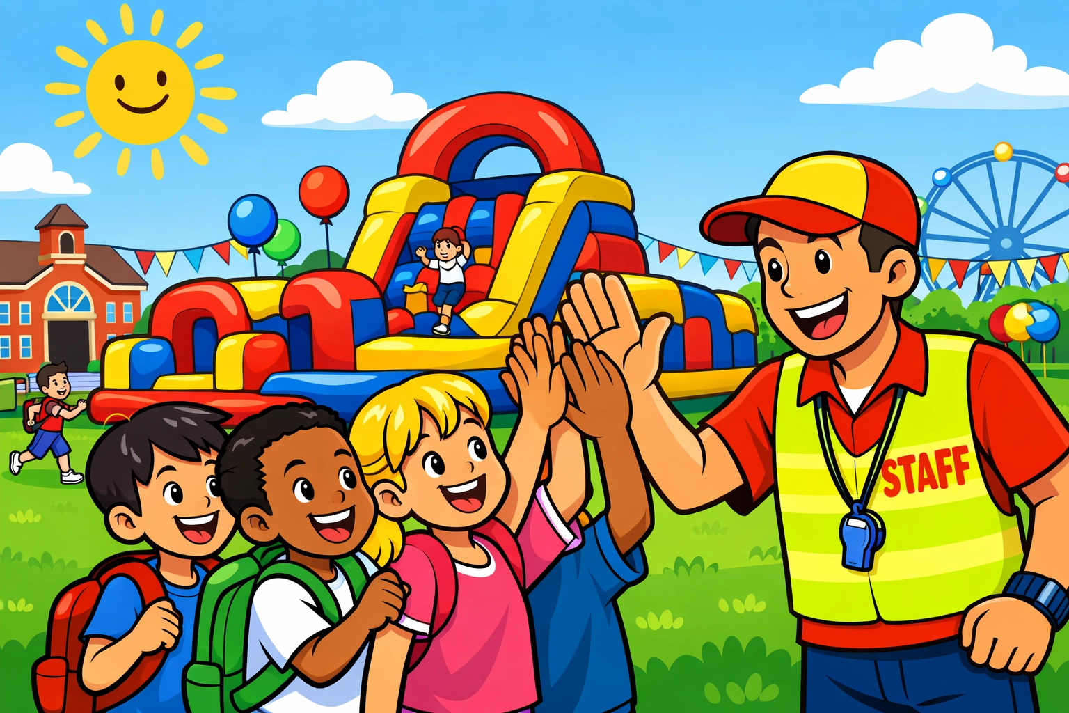Children high-fiving a staff member at a safe school fun fair featuring a colorful inflatable obstacle course.