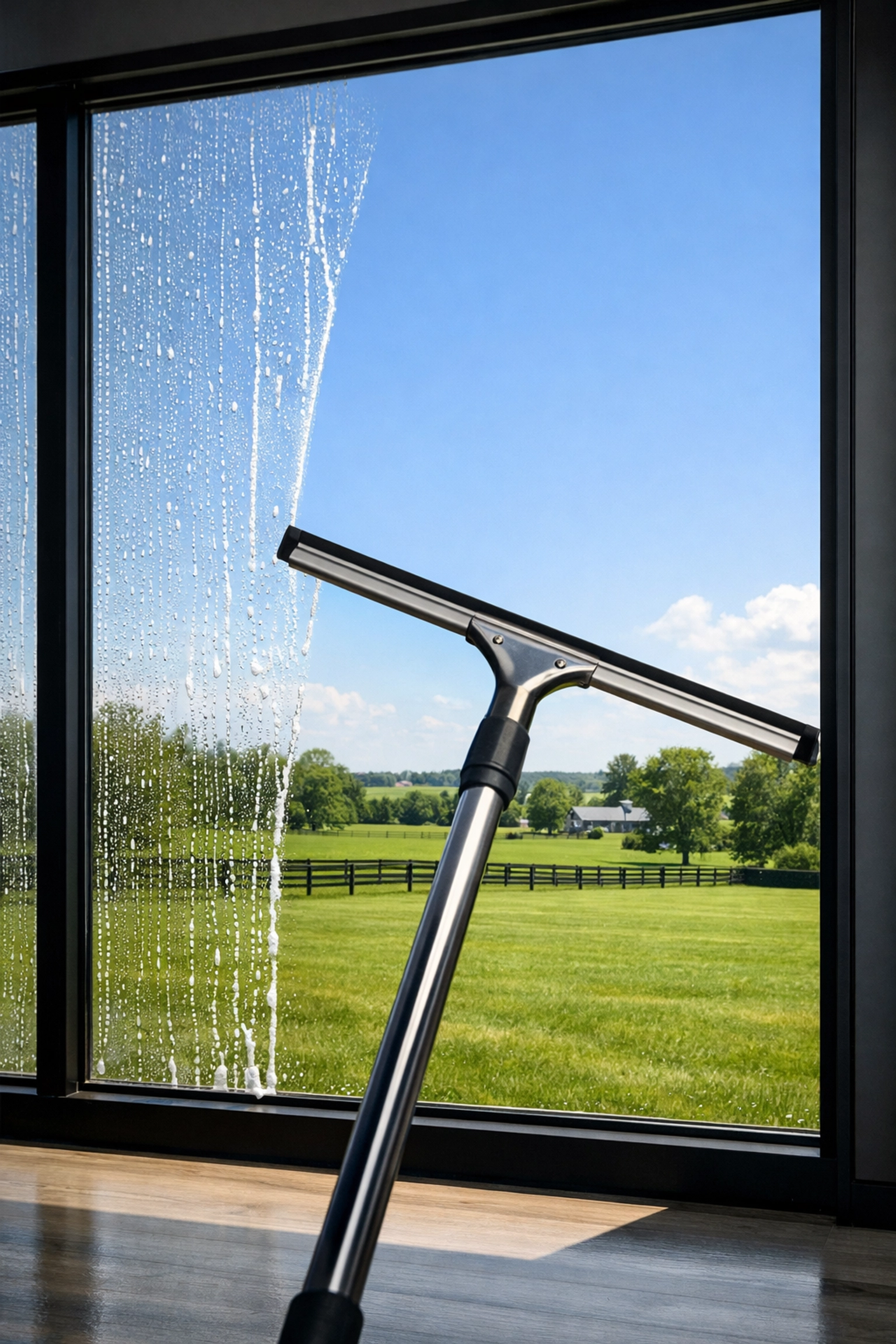 Professional post-construction window cleaning for a clear view of the Kentucky landscape.