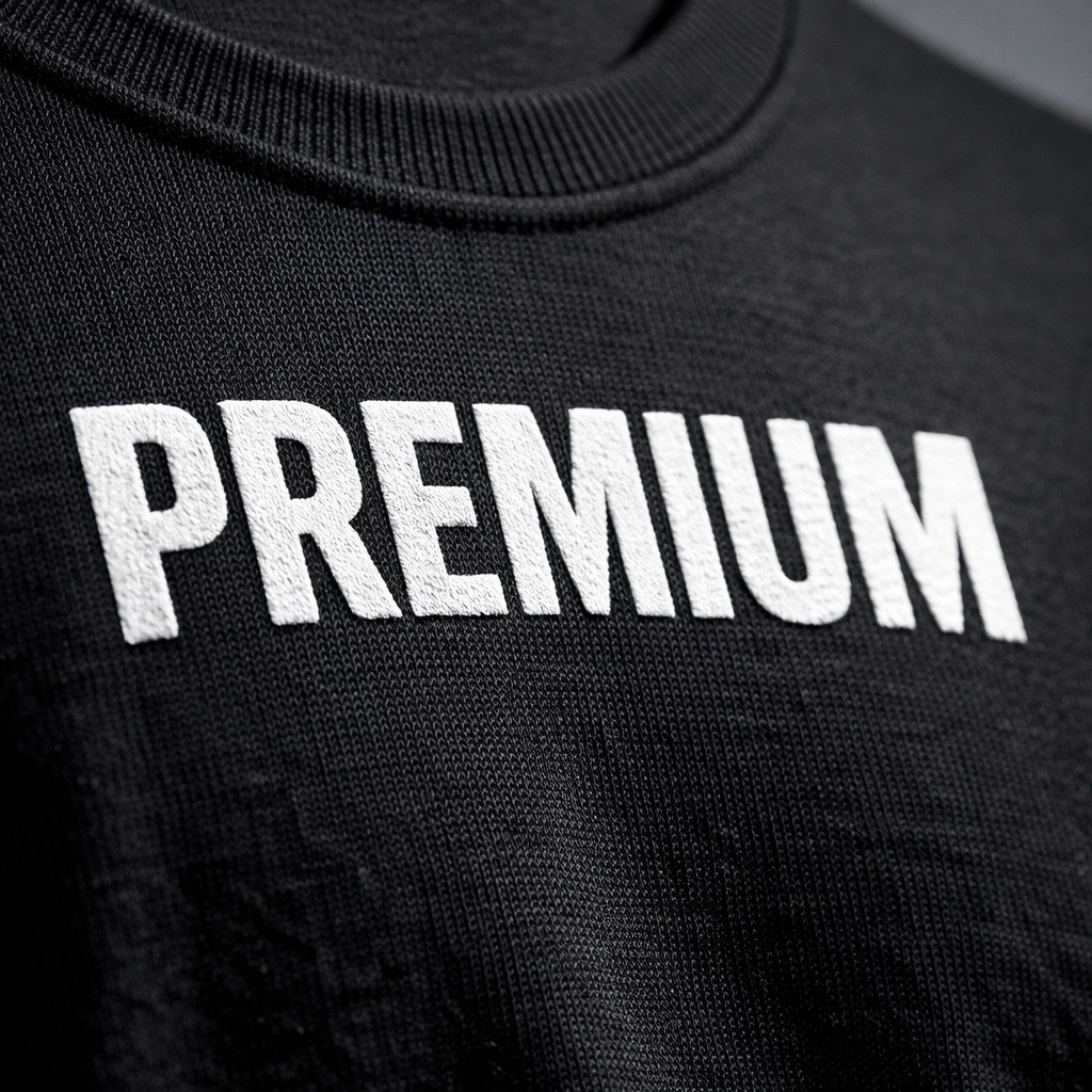 Close-up of professional white ink on a premium black Airlume cotton t-shirt, showing quality print detail.