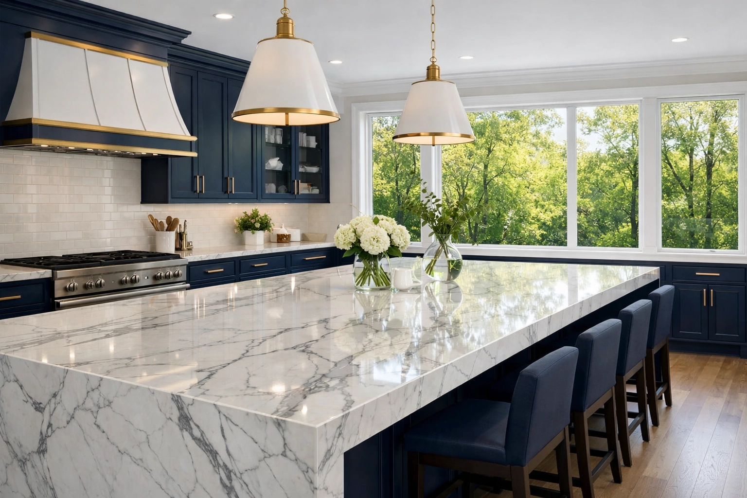 Polished marble kitchen island in a high-end home following a professional luxury cleaning in Westwood.