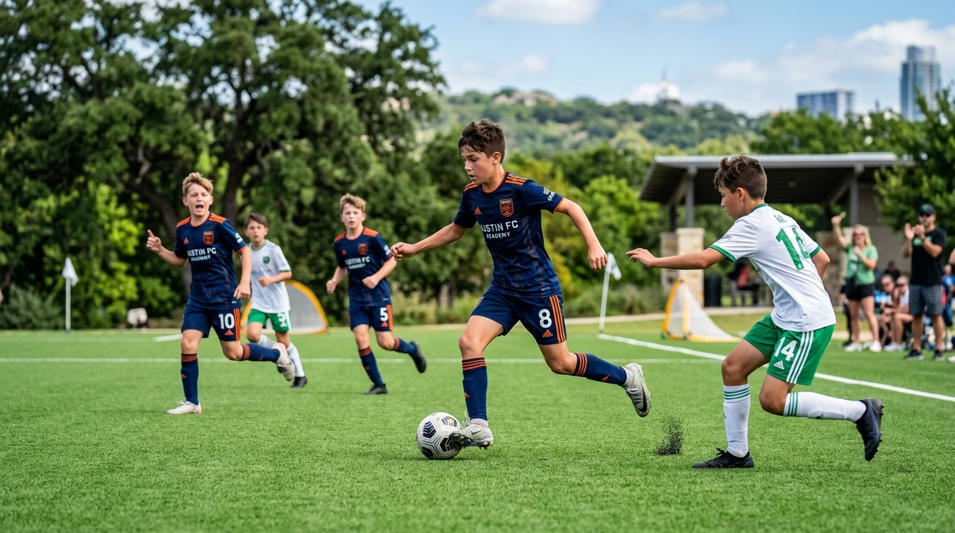 Youth 5v5 soccer match in Austin featuring high-intensity strategy