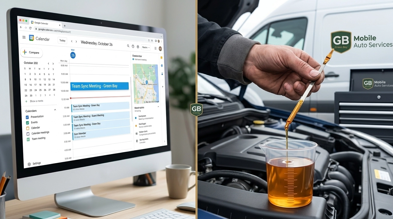 A split-screen view showing a digital calendar meeting next to a technician checking clean oil on a dipstick, illustrating the synergy of work and car care.