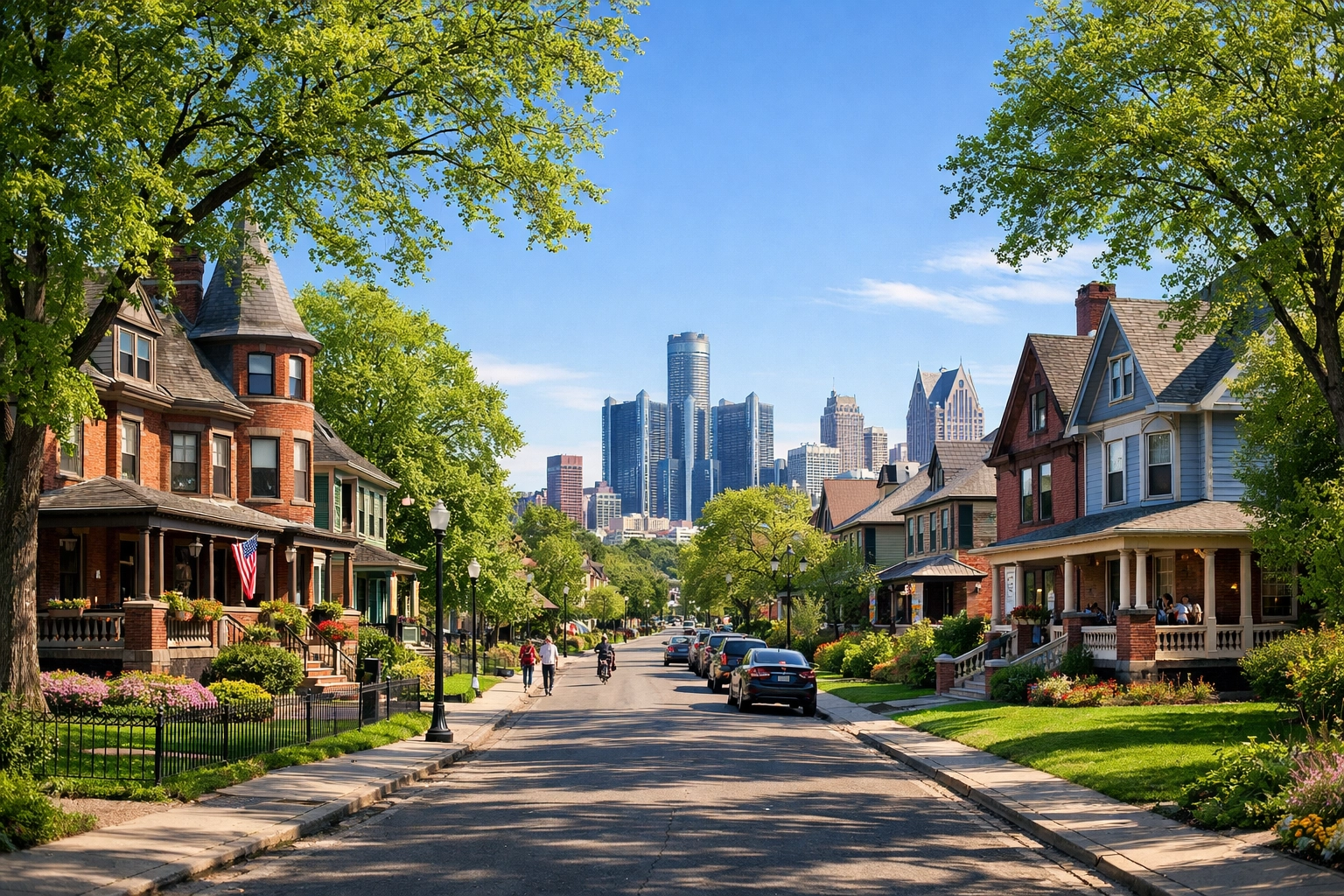 A tree-lined Detroit neighborhood street with restored historic homes and the city skyline in the distance.