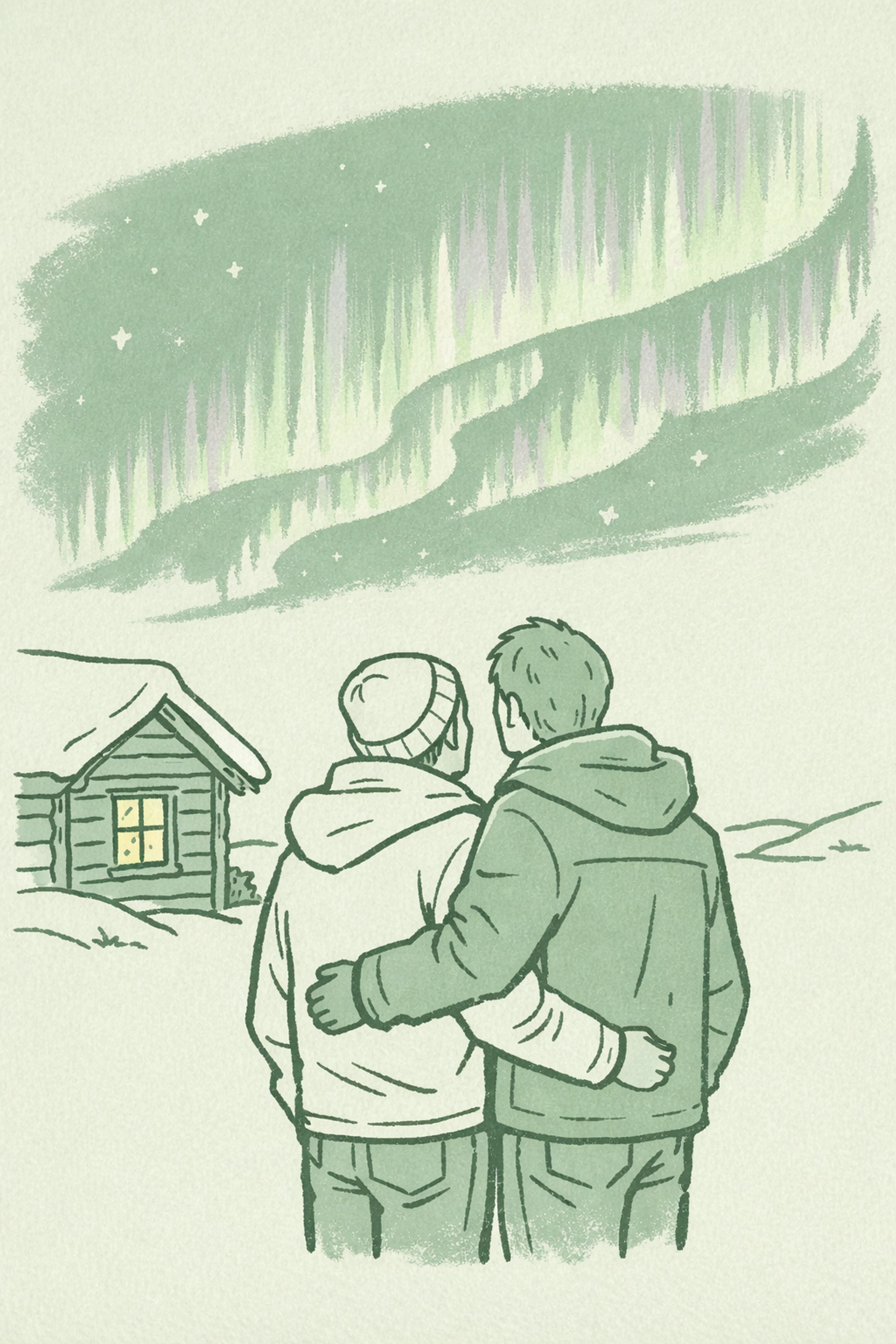 Two men watching Northern Lights outside Iceland cabin - MM romance Valentine setting