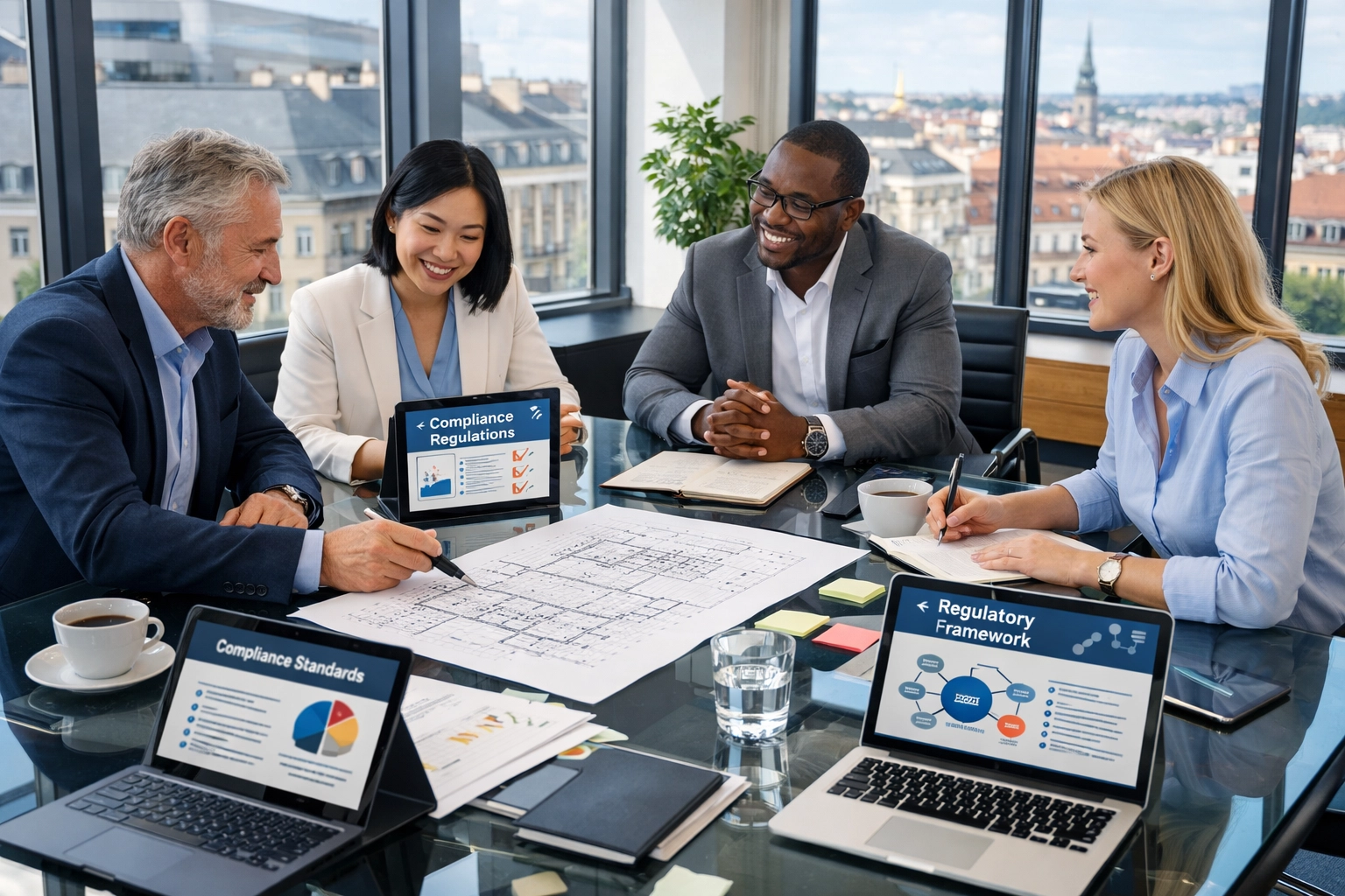 European ServiceNow consulting team reviewing DORA compliance and GDPR requirements in modern office