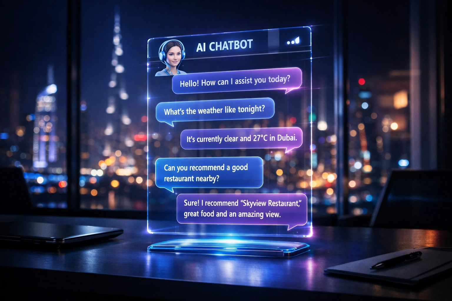 Intelligent AI chatbot interface providing automated customer support in modern Dubai business environment