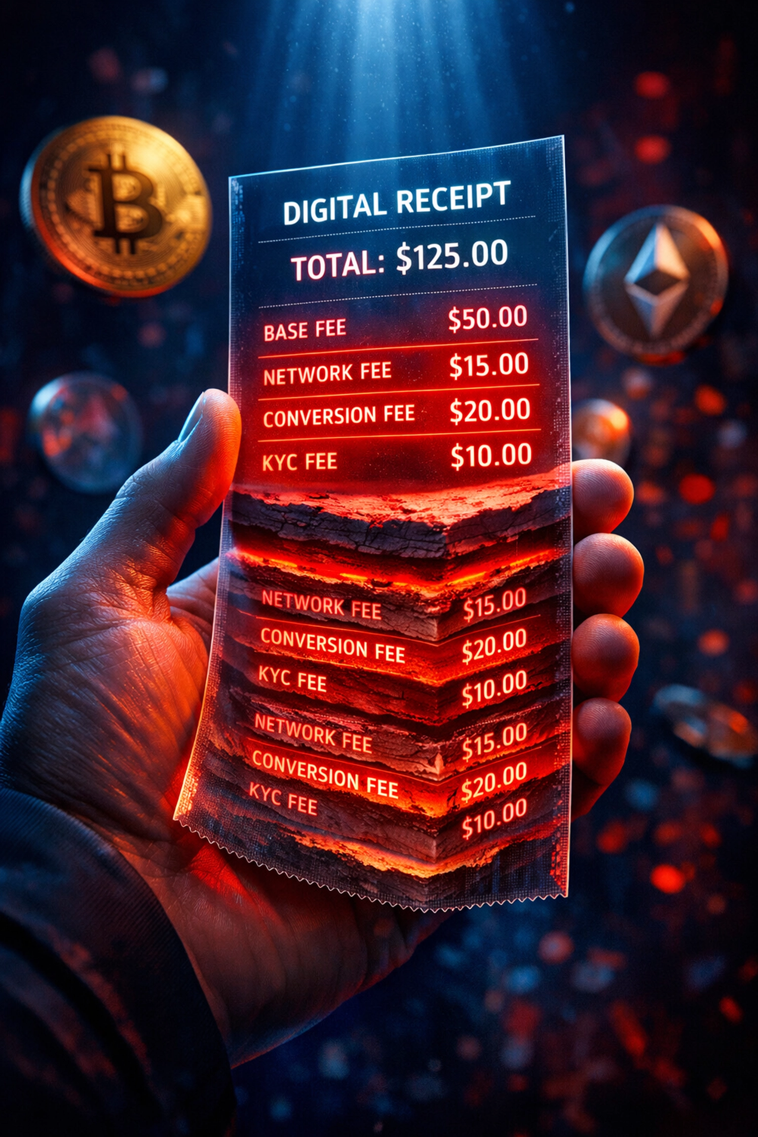 Hidden crypto payment fees revealed on digital receipt showing multiple stacked charges