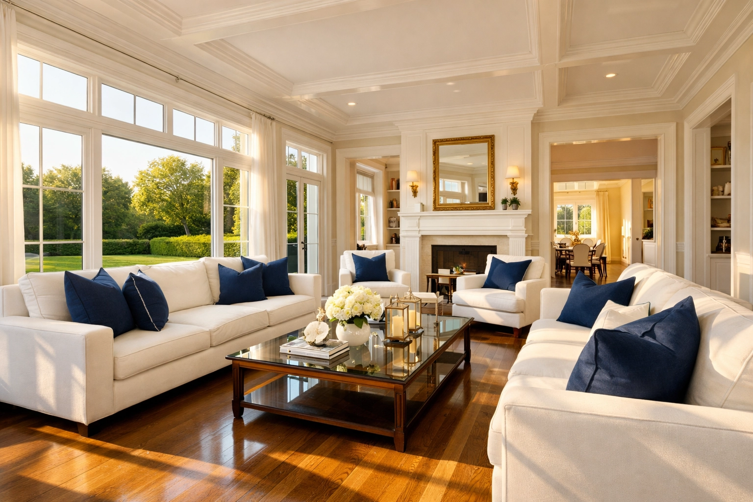 Pristine luxury living room featuring expert residential cleaning Massachusetts in a Dover estate.