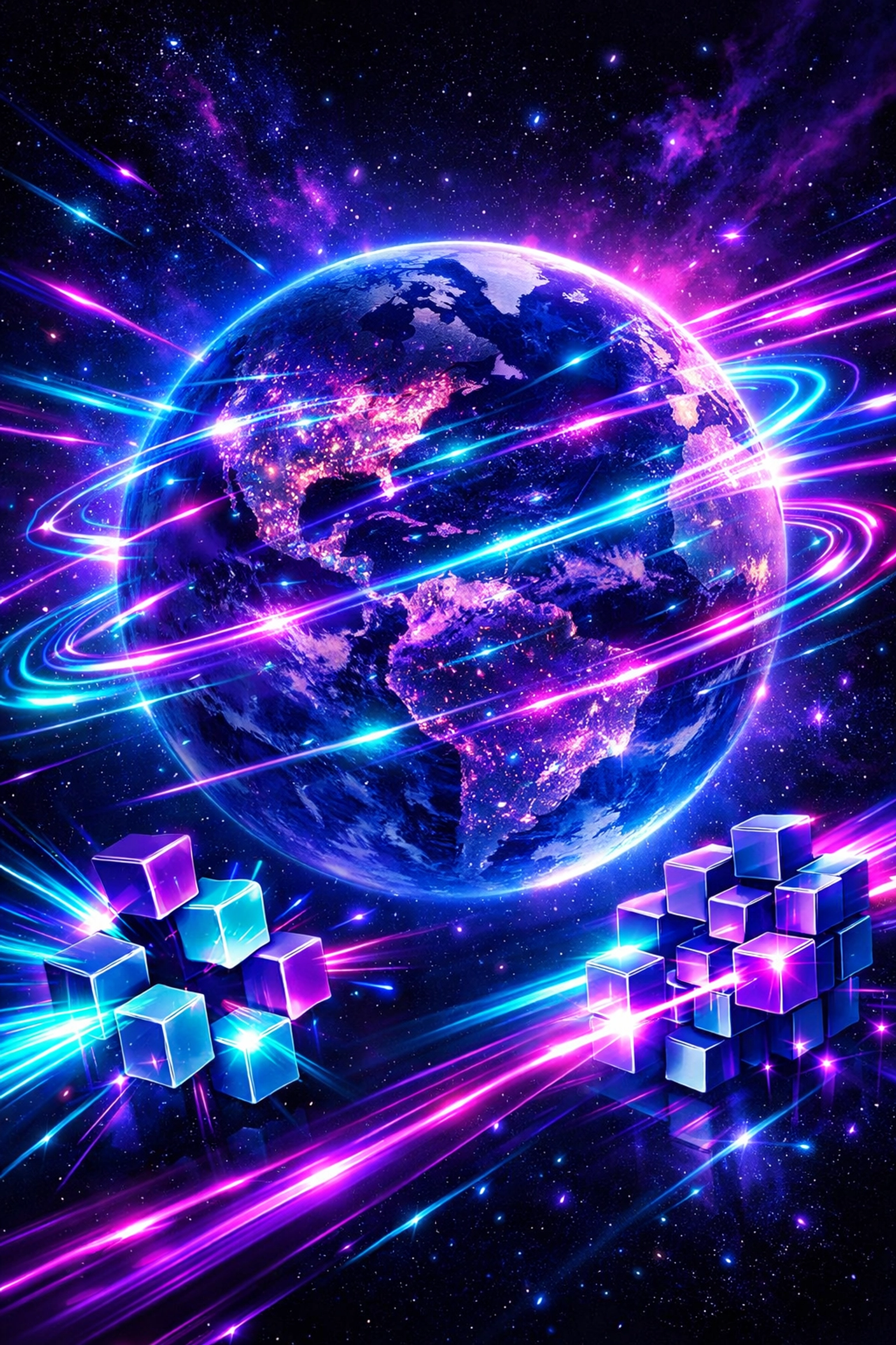 Global network of light beams surrounding Earth symbolizing fast Solana blockchain payments.