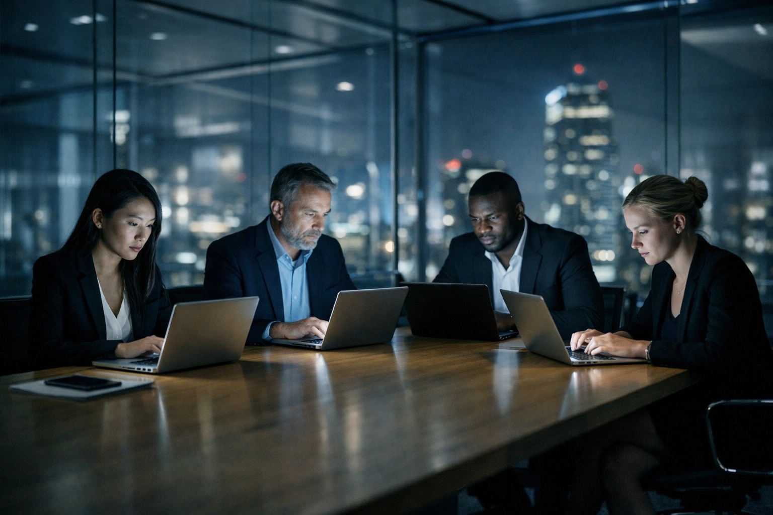 Professionals in a modern boardroom working on laptops, depicting a high-pressure culture of constant meetings.