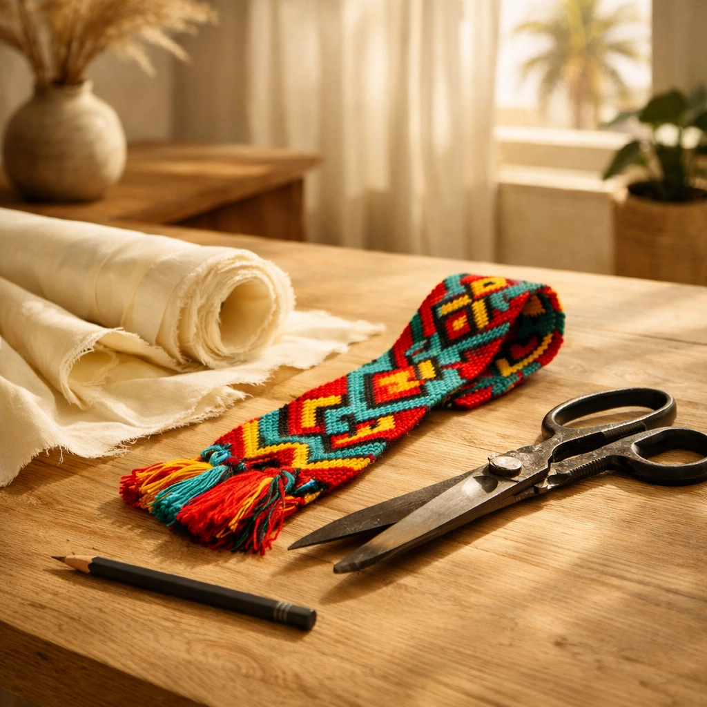 Minimalist Venice Beach design studio with deadstock silk and Wayúu textile for a sustainable fashion prototype.