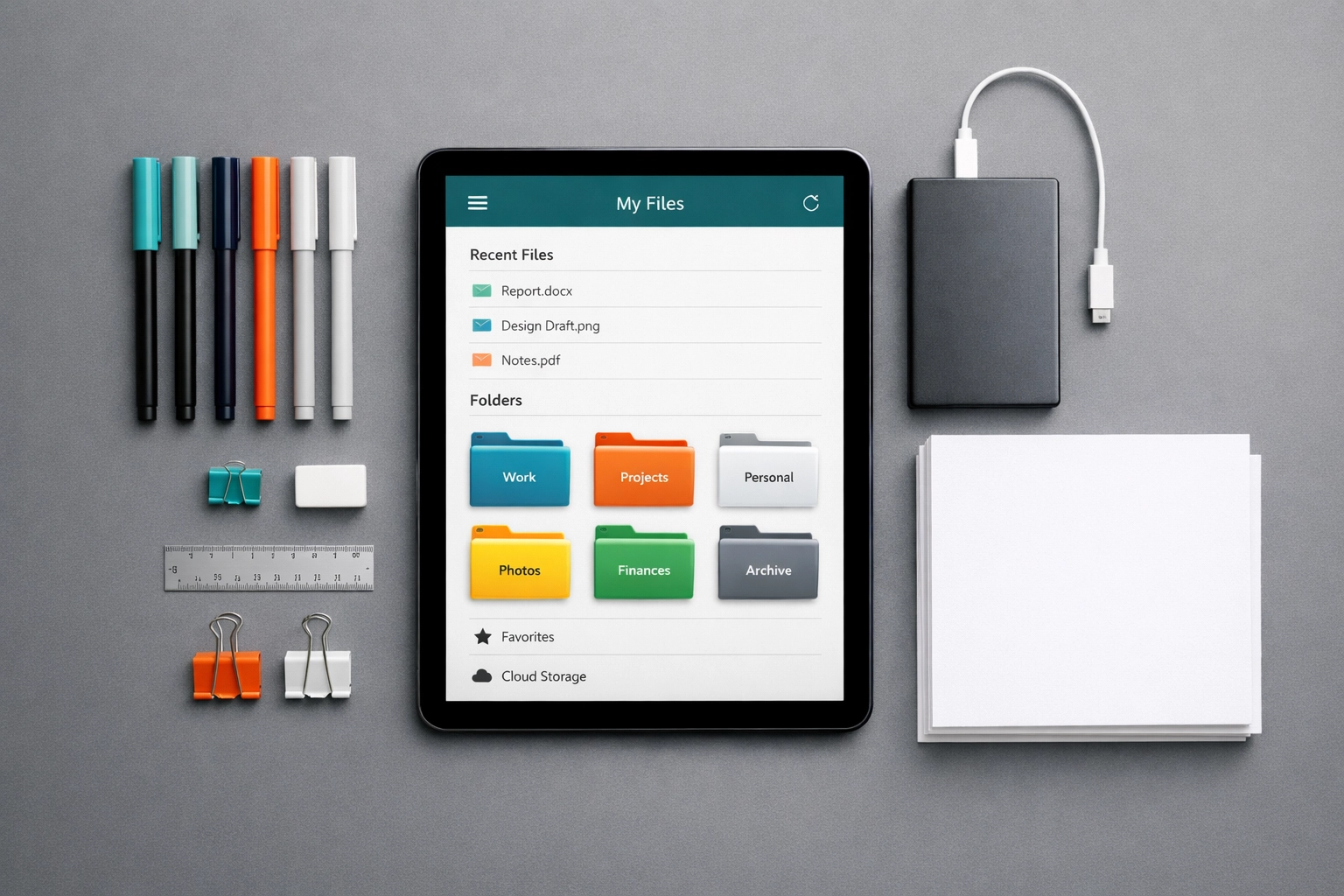 Top-down view of an organized digital workspace for managing business tax filing systems.