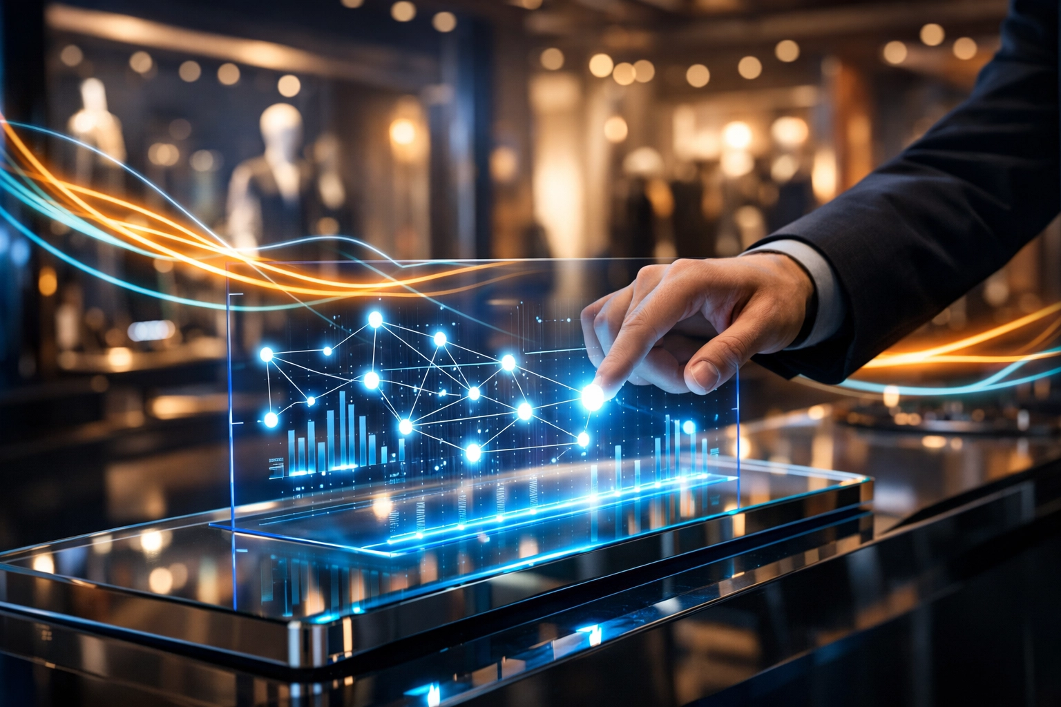 Holographic crypto POS system in a futuristic store reducing interchange fees for metaverse shopping.