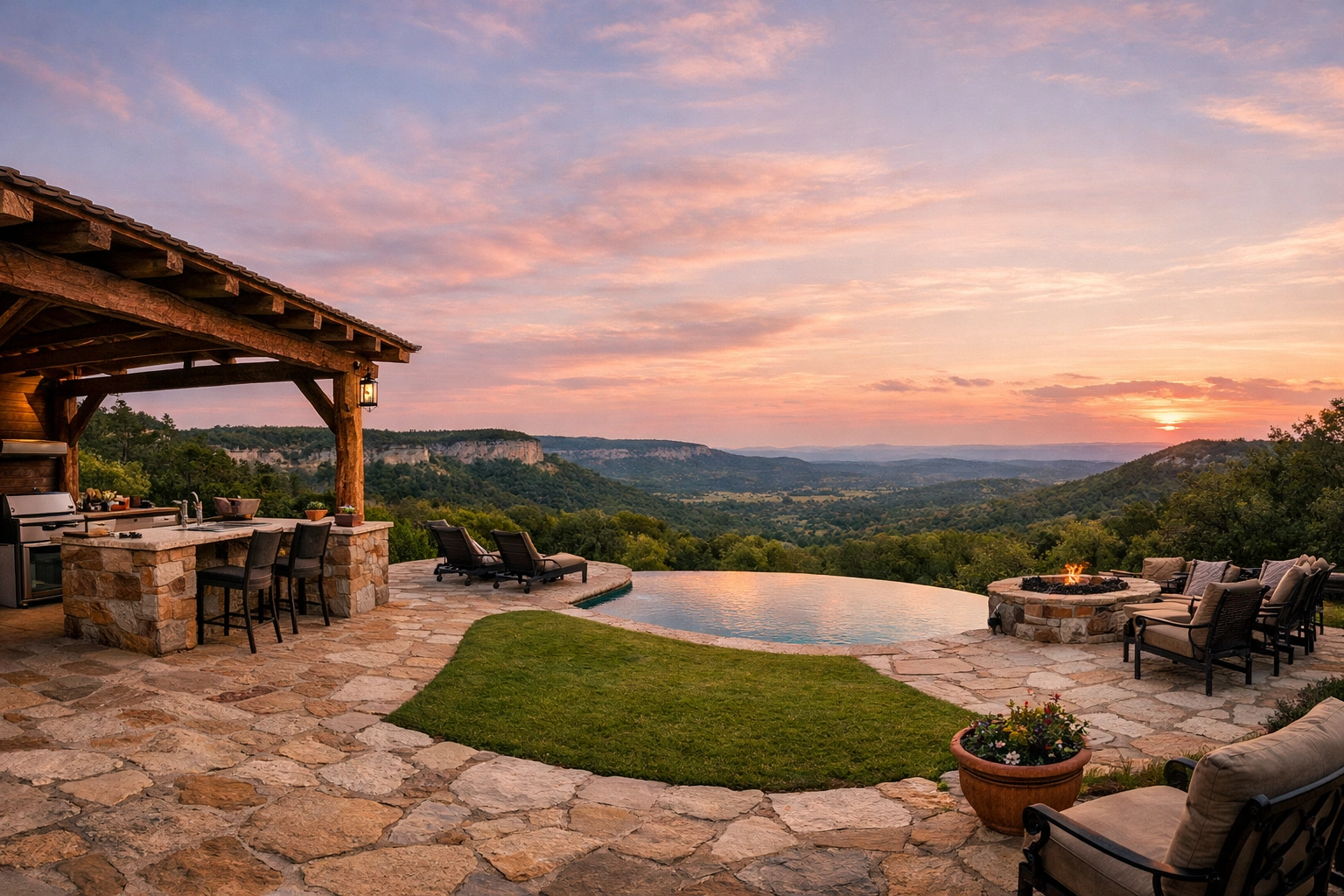 Luxury backyard with Hill Country views in Helotes, TX, a great area to buy a home with acreage.
