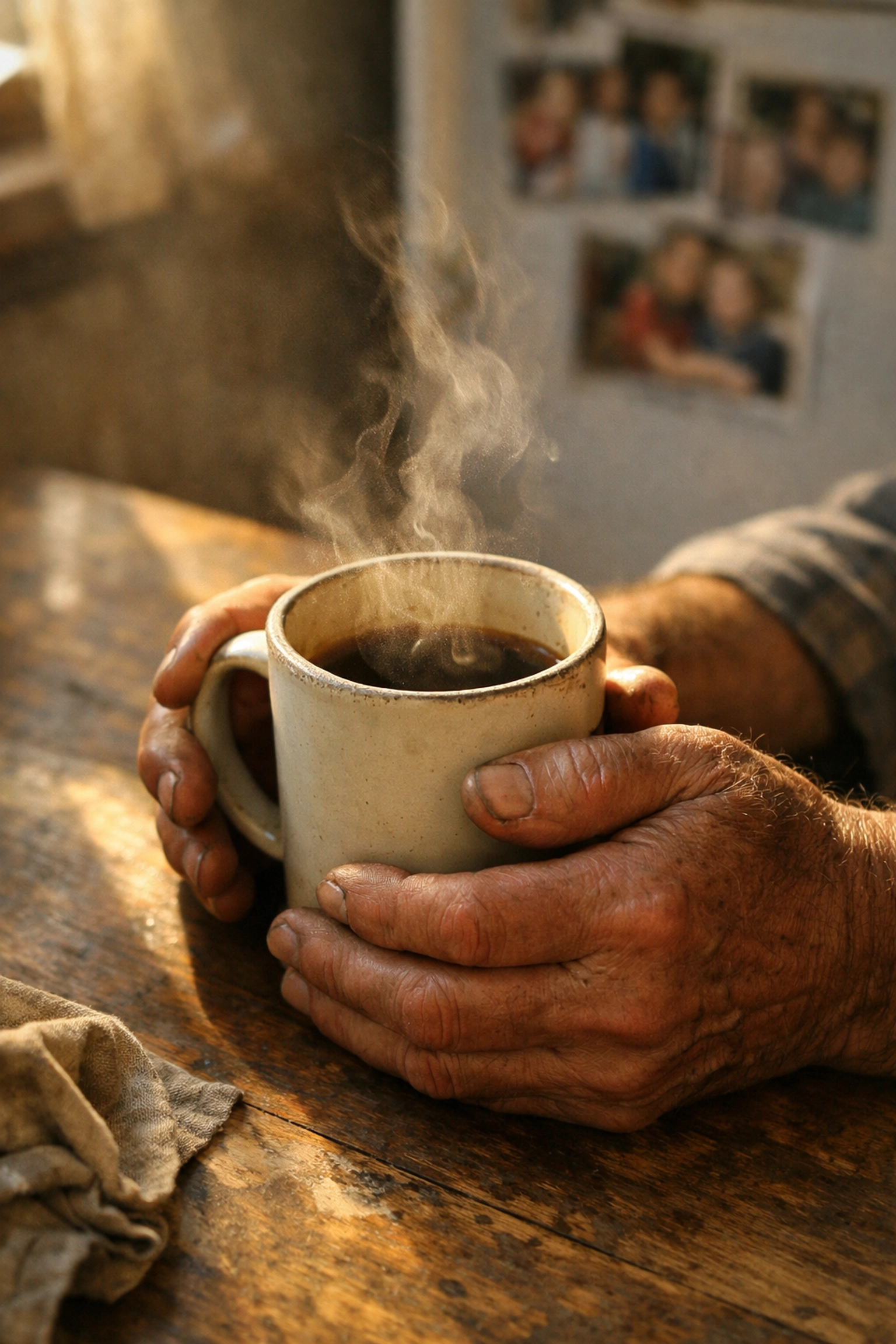 Weathered hands holding coffee mug in morning light, symbolizing hope and new beginnings in recovery