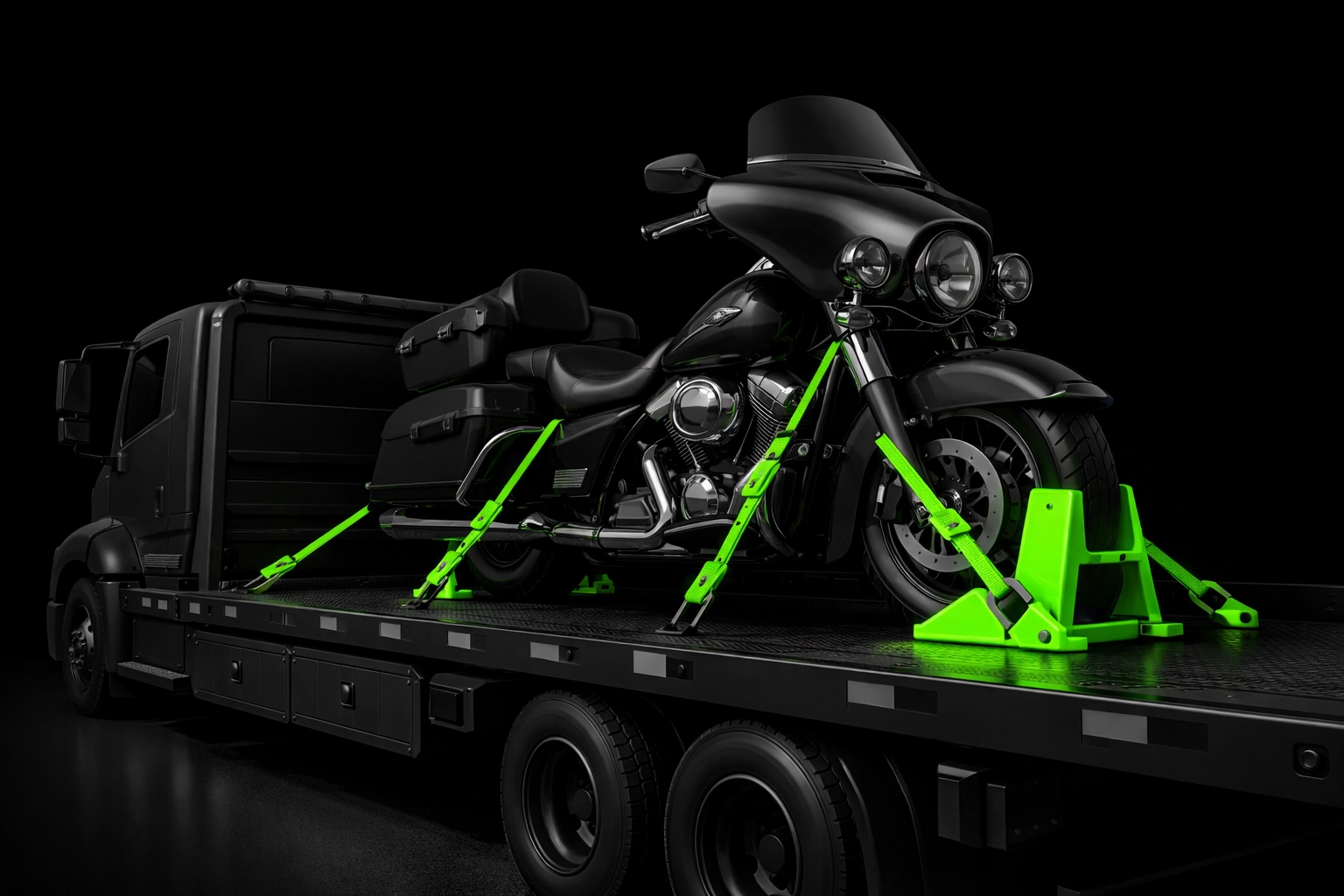 Professional motorcycle hauling on a flatbed truck for safe transport of private party bikes and used motorcycles.