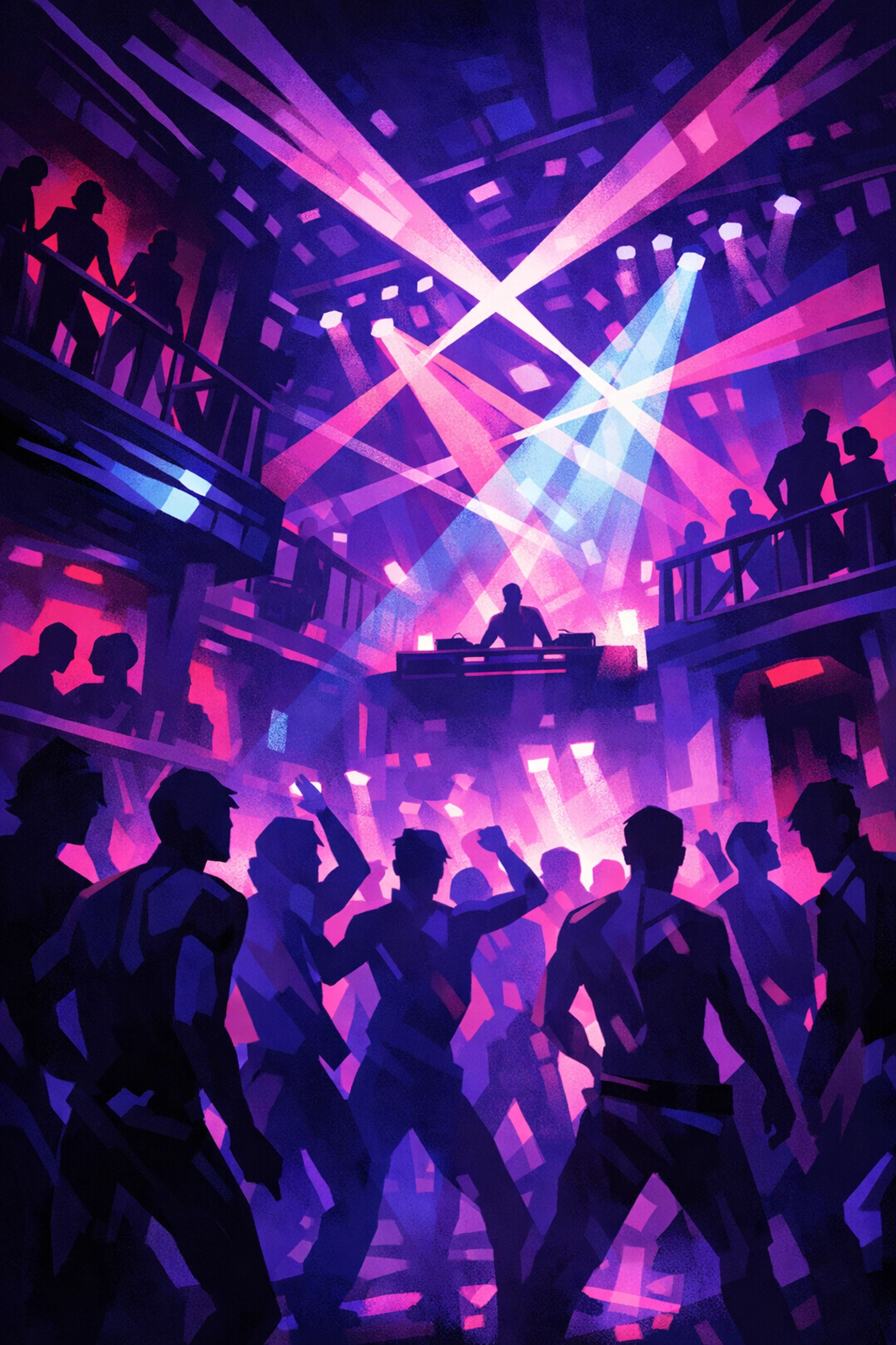 Gay cruising bar interior with dance floor and strobe lights, atmospheric nightclub setting
