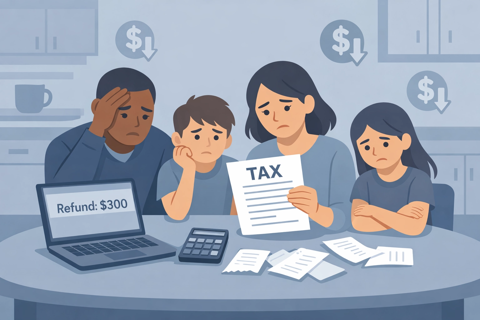 Family reviewing smaller tax refund on laptop with disappointed expressions