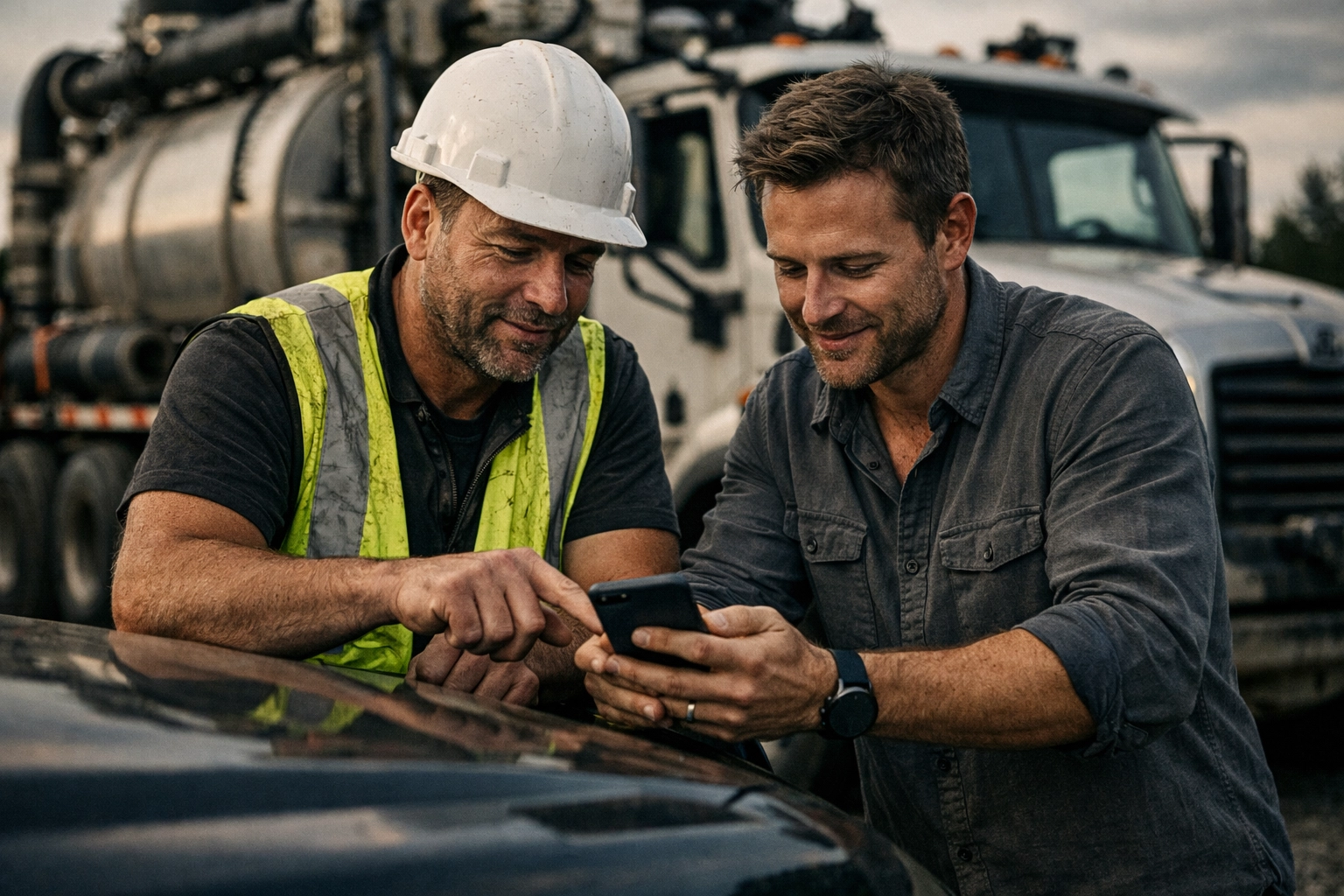 A contractor and professional using a mobile app to manage hydrovac fleet operations and bookings.