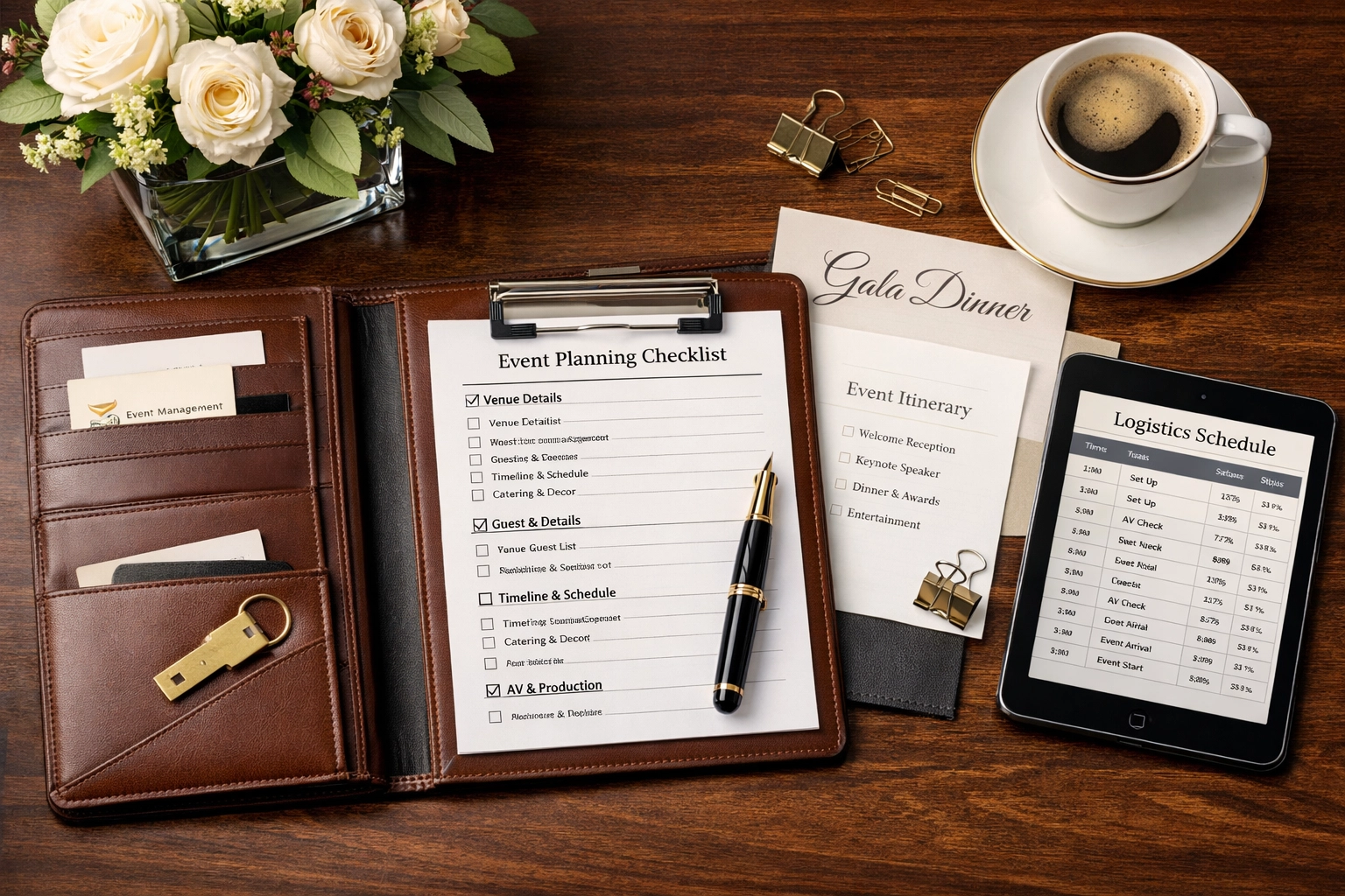 Executive planning workspace showing detailed Super Bowl corporate event logistics preparation