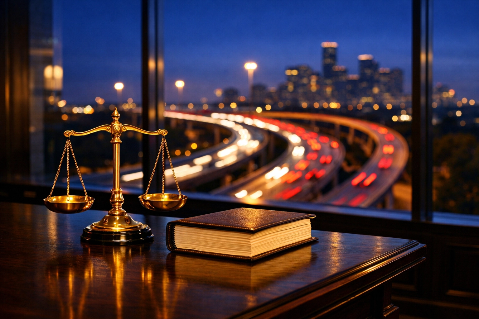 Gold scales of justice in a Houston law office representing the Texas 51% fault rule for personal injury recovery.