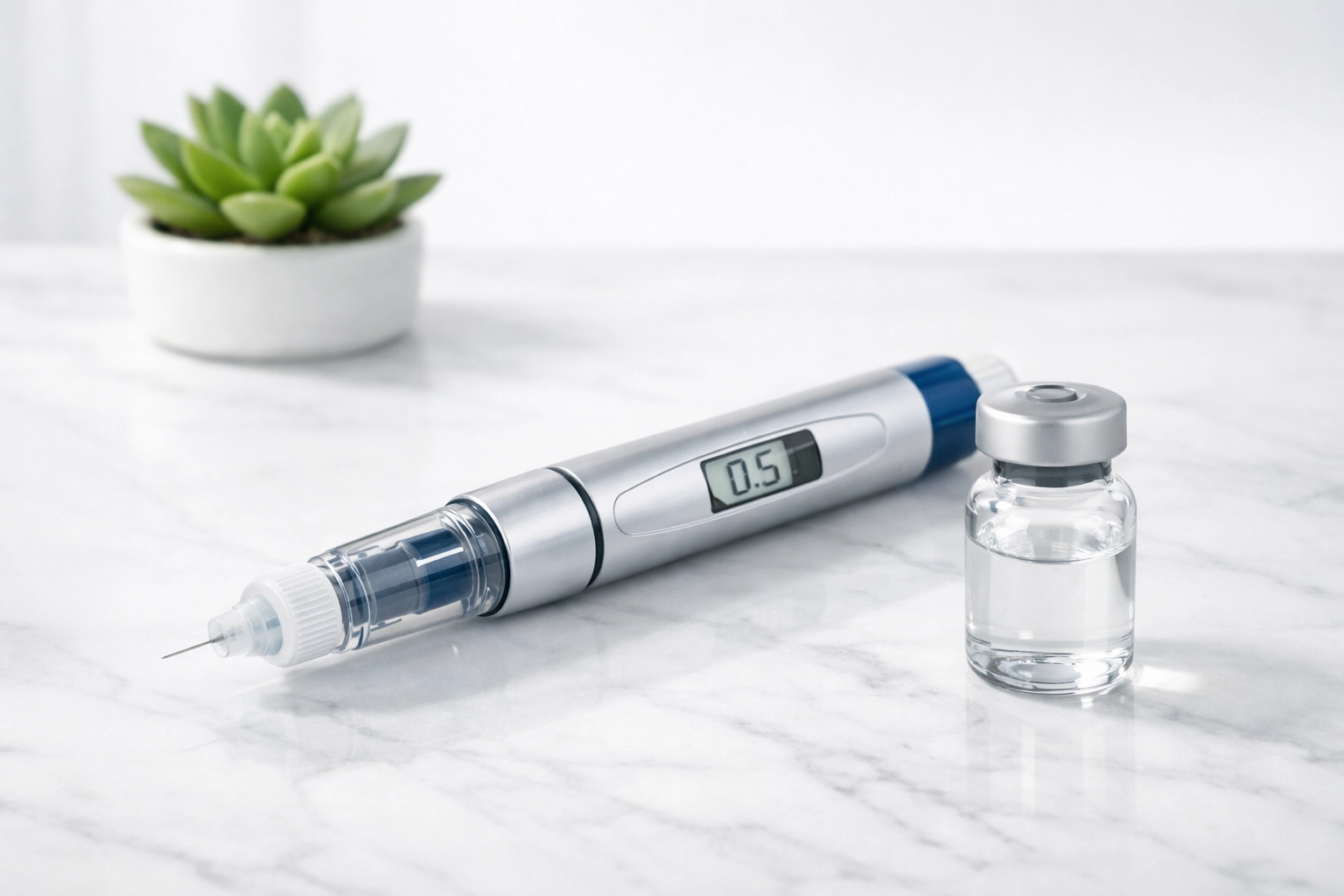 Modern medical injector pen and vial for GLP-1 weight loss treatments in Louisiana.