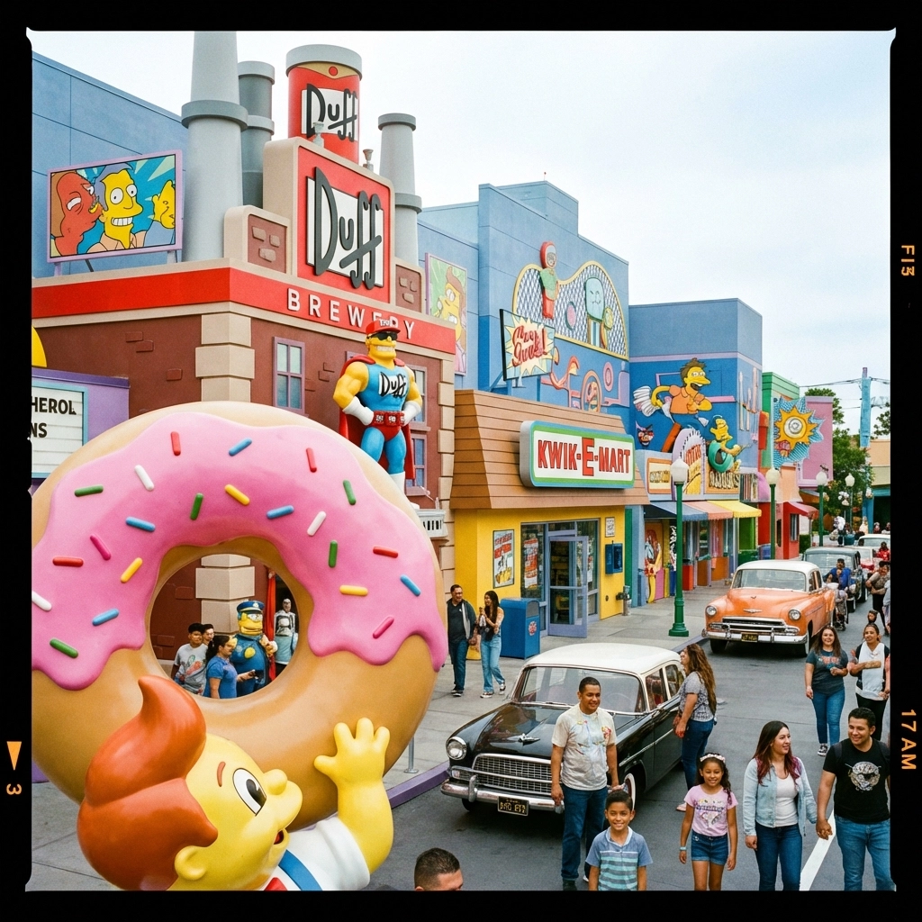 Vibrant Springfield U.S.A. streets and the Lard Lad Donut statue, a fun photography location.
