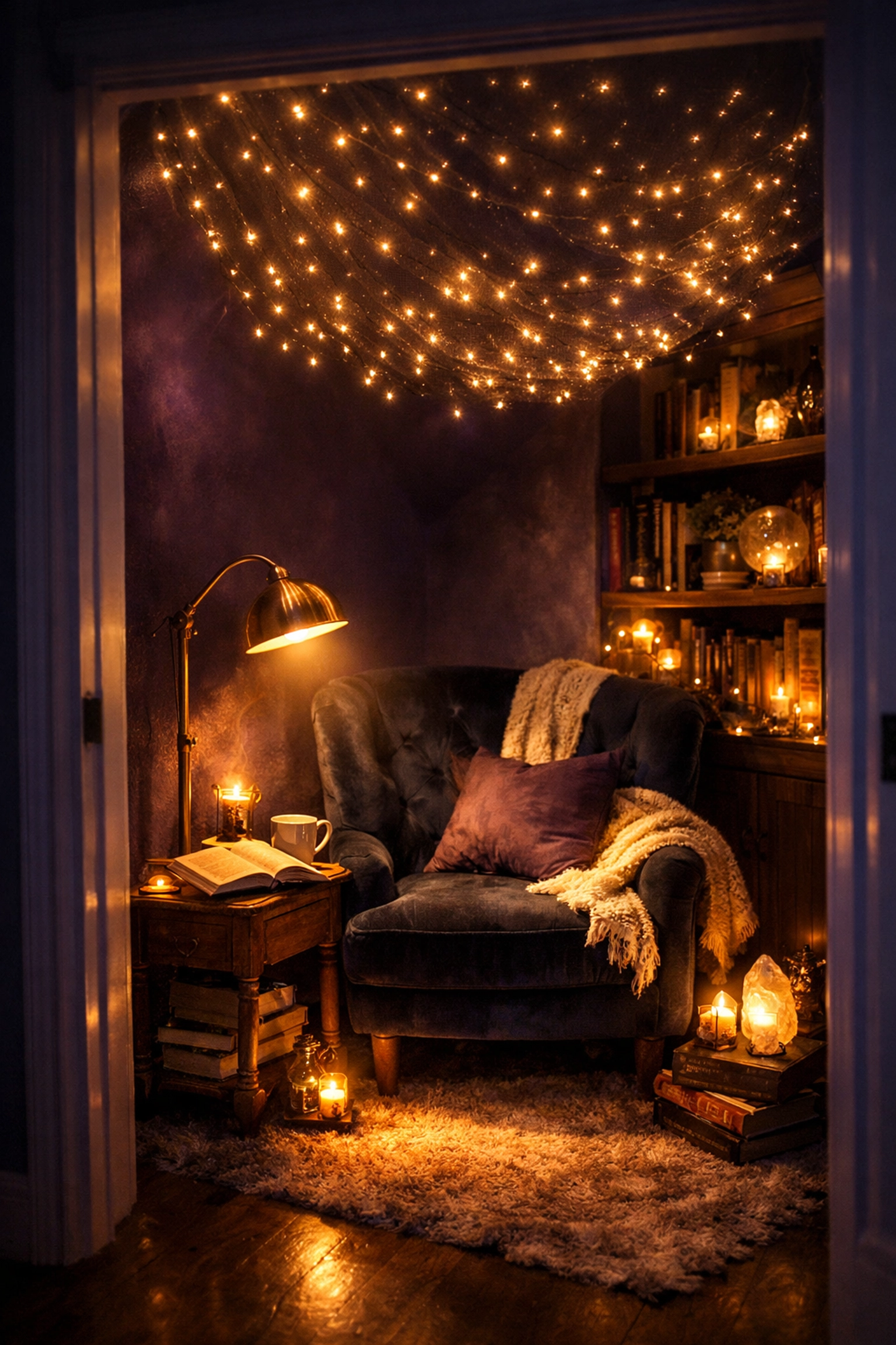 Magical closet reading nook with warm fairy lights and a chair for reading engaging stories for kids.