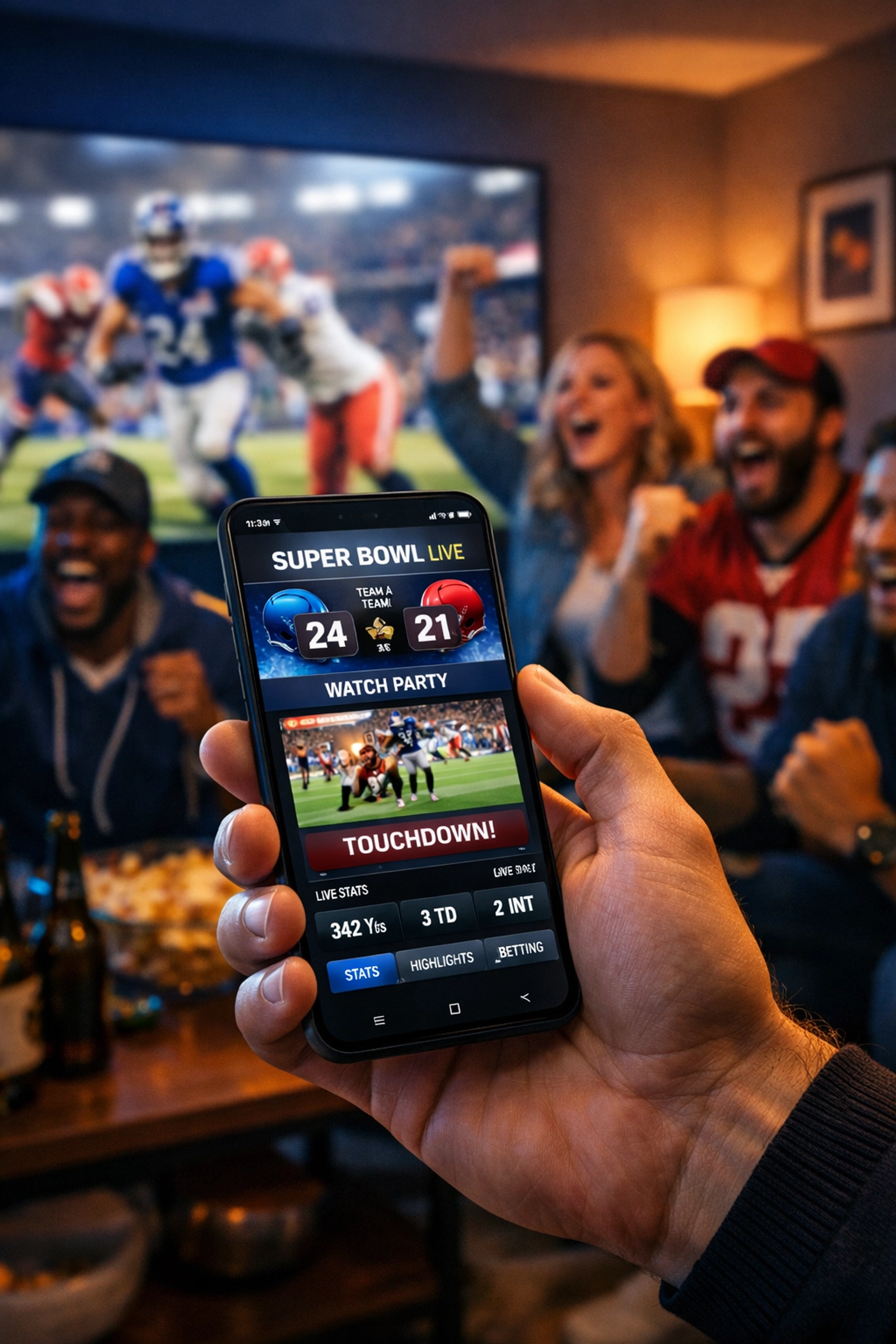 Sports fans engaging with a mobile app while watching the Super Bowl 2026 game in a modern living room.