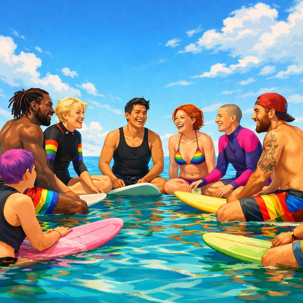 LGBTQ+ surfers gathering on surfboards in ocean forming inclusive surf community