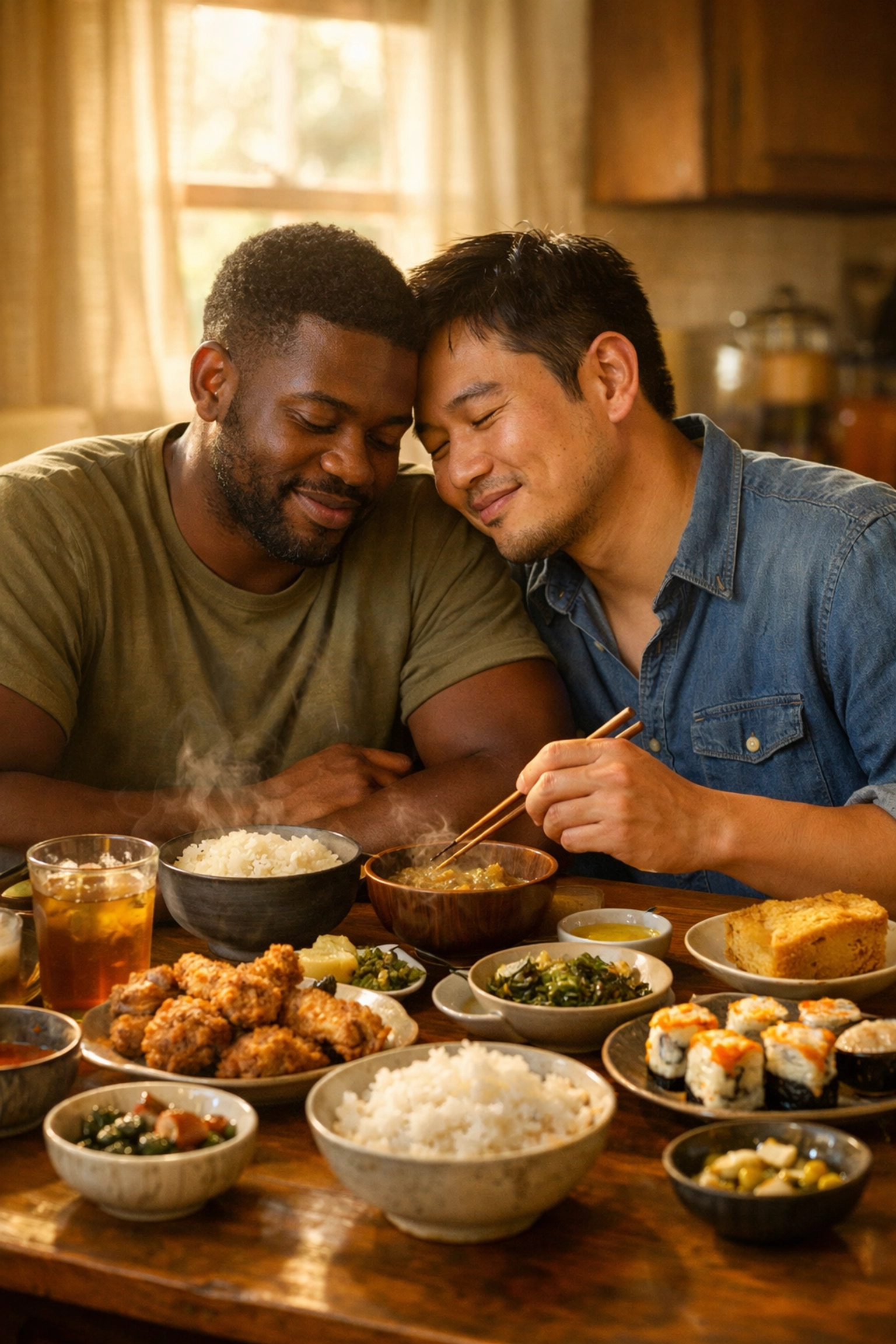 Two men sharing a meal representing food as love language in MM romance Memorial