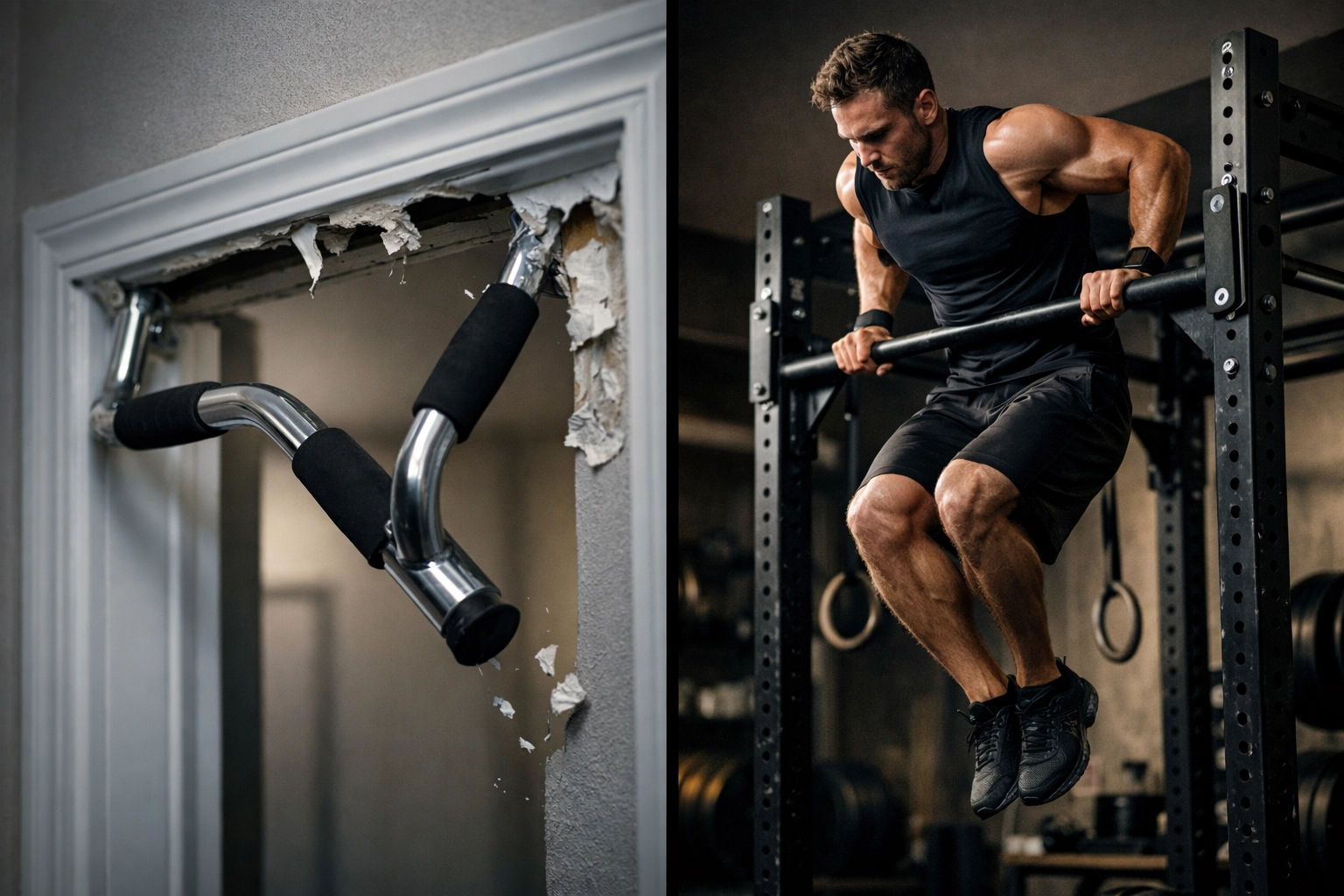 Comparison of damaged department store pull-up bar vs professional athlete using quality home gym equipment