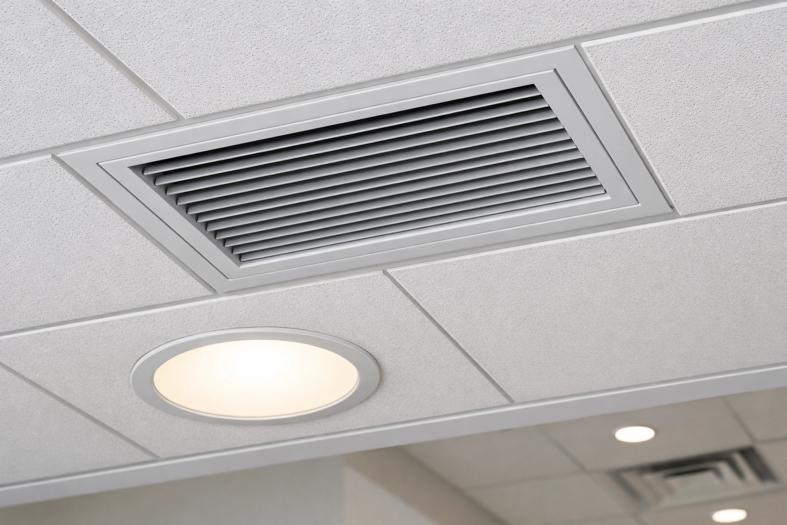 Close up of a dust free HVAC vent and ceiling light after professional post construction cleaning Worcester.