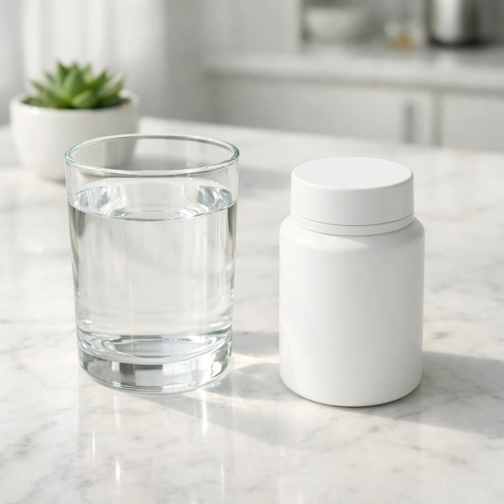 Prescription pill bottle and water glass representing oral Wegovy substitutes and medical weight loss options.