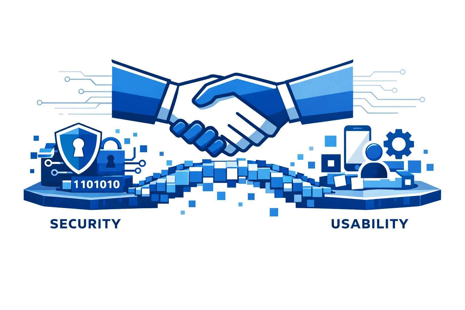 Digital handshake representing a partnership to balance cybersecurity and business efficiency.