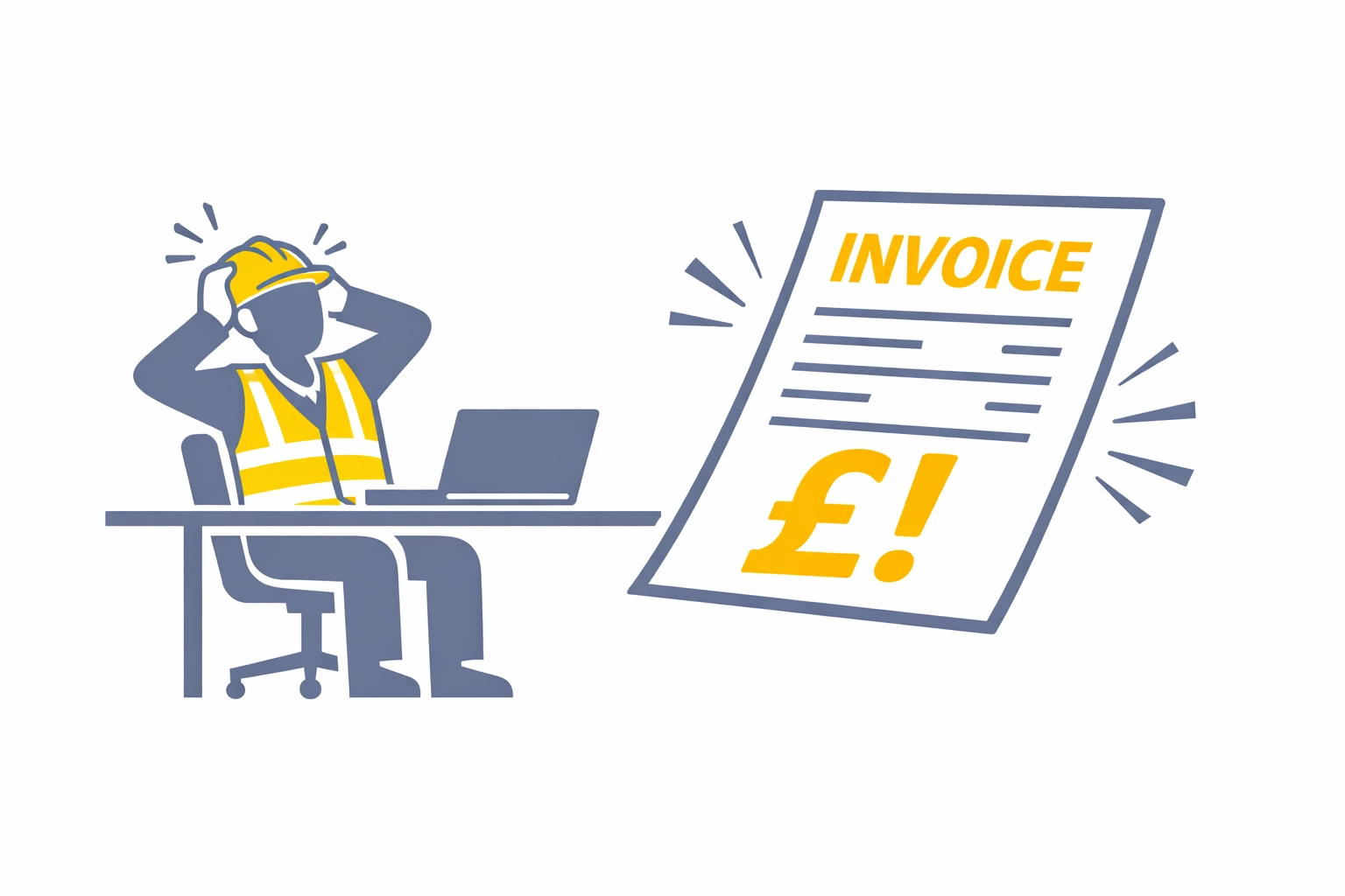 Site manager reviewing unexpected construction invoice showing budget overrun