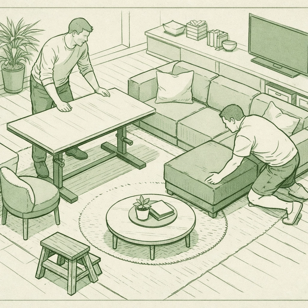 MM couple arranging custom furniture in living room for size difference accommodation