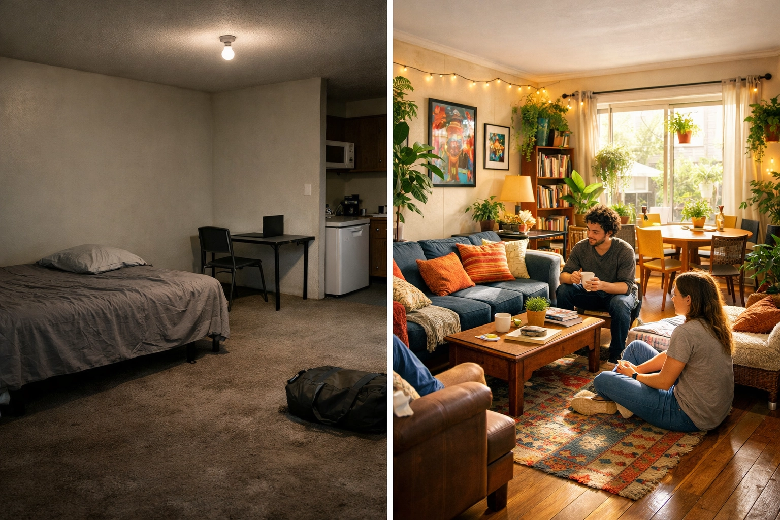 Comparison of expensive studio apartment versus affordable co-living space
